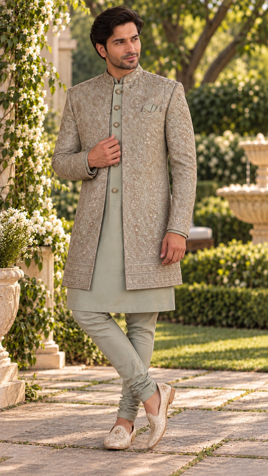 Light Sage Green Silk Indo Western Sherwani