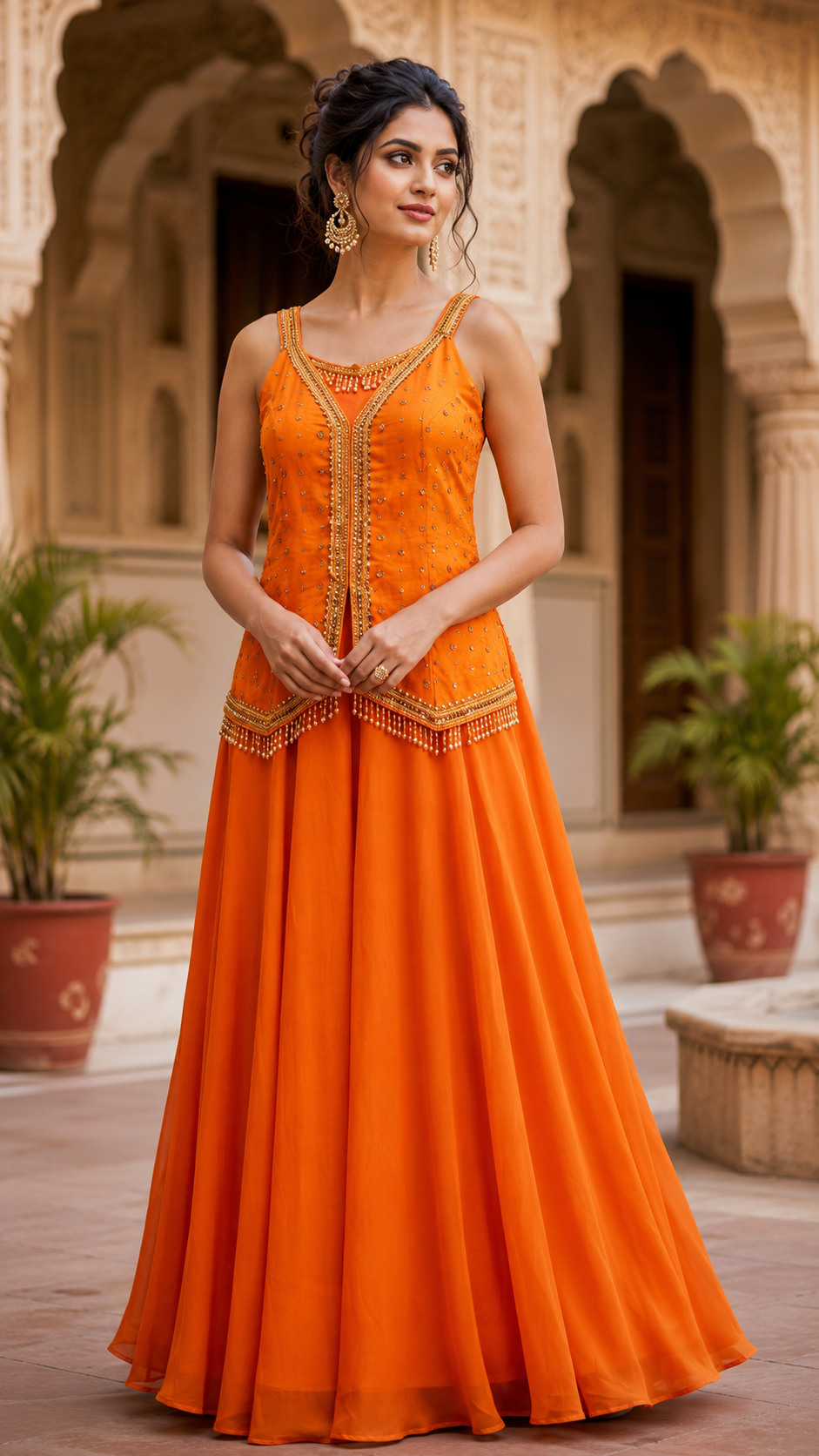 Orange Chinon Silk Sharara Suit