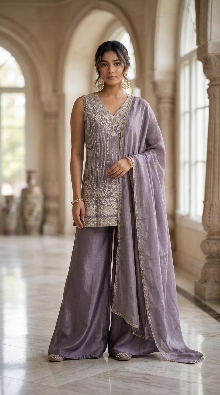 Lavender Chinon Silk Sharara Suit