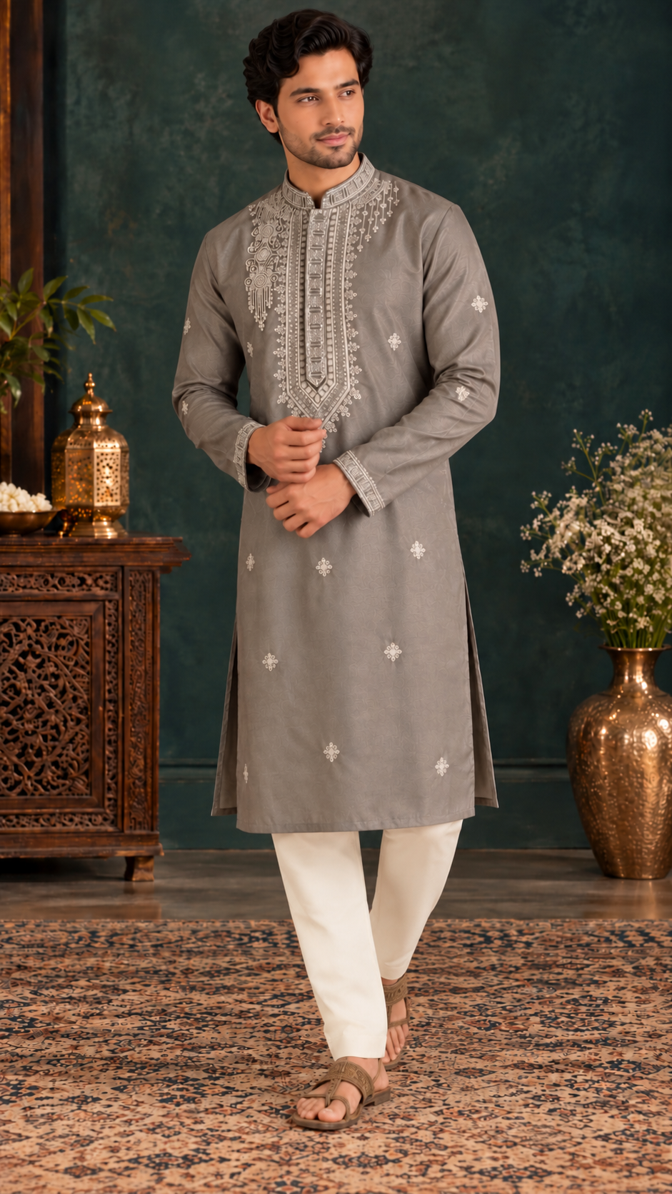 Grey Embroidered Kurta Set with White Trousers