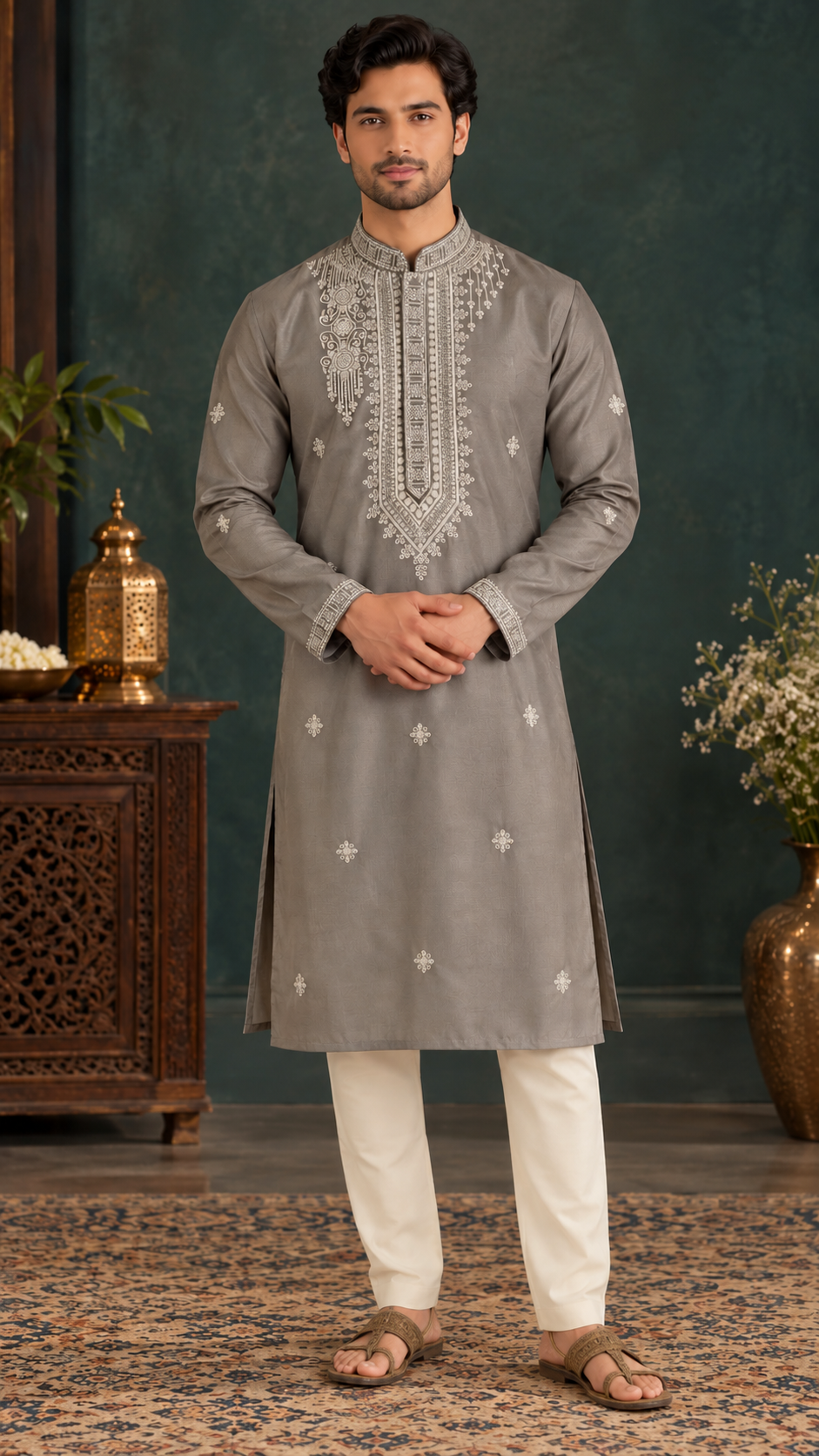 Grey Embroidered Kurta Set with White Trousers