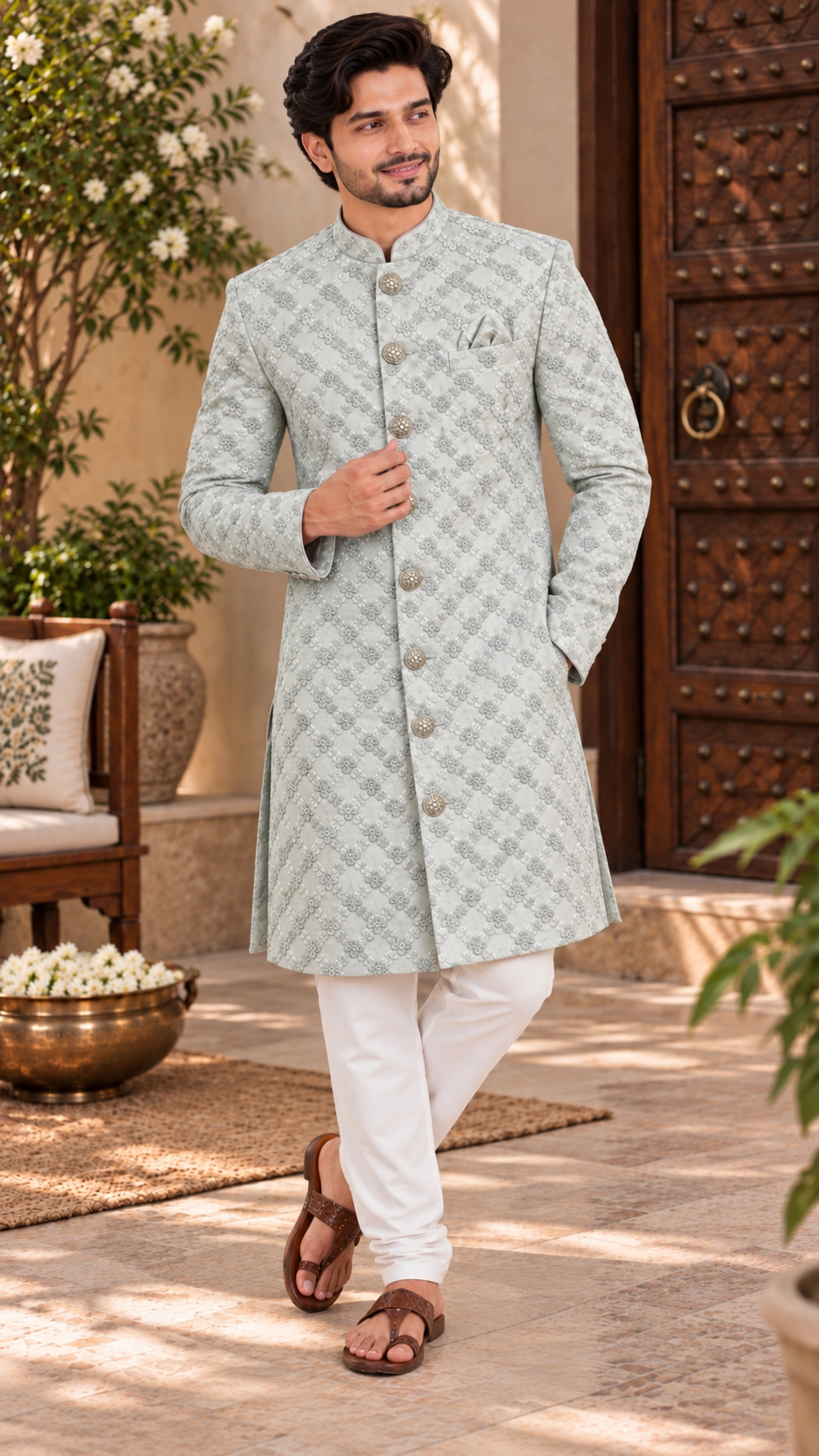 Soft Mint Green Silk Sherwani Suit