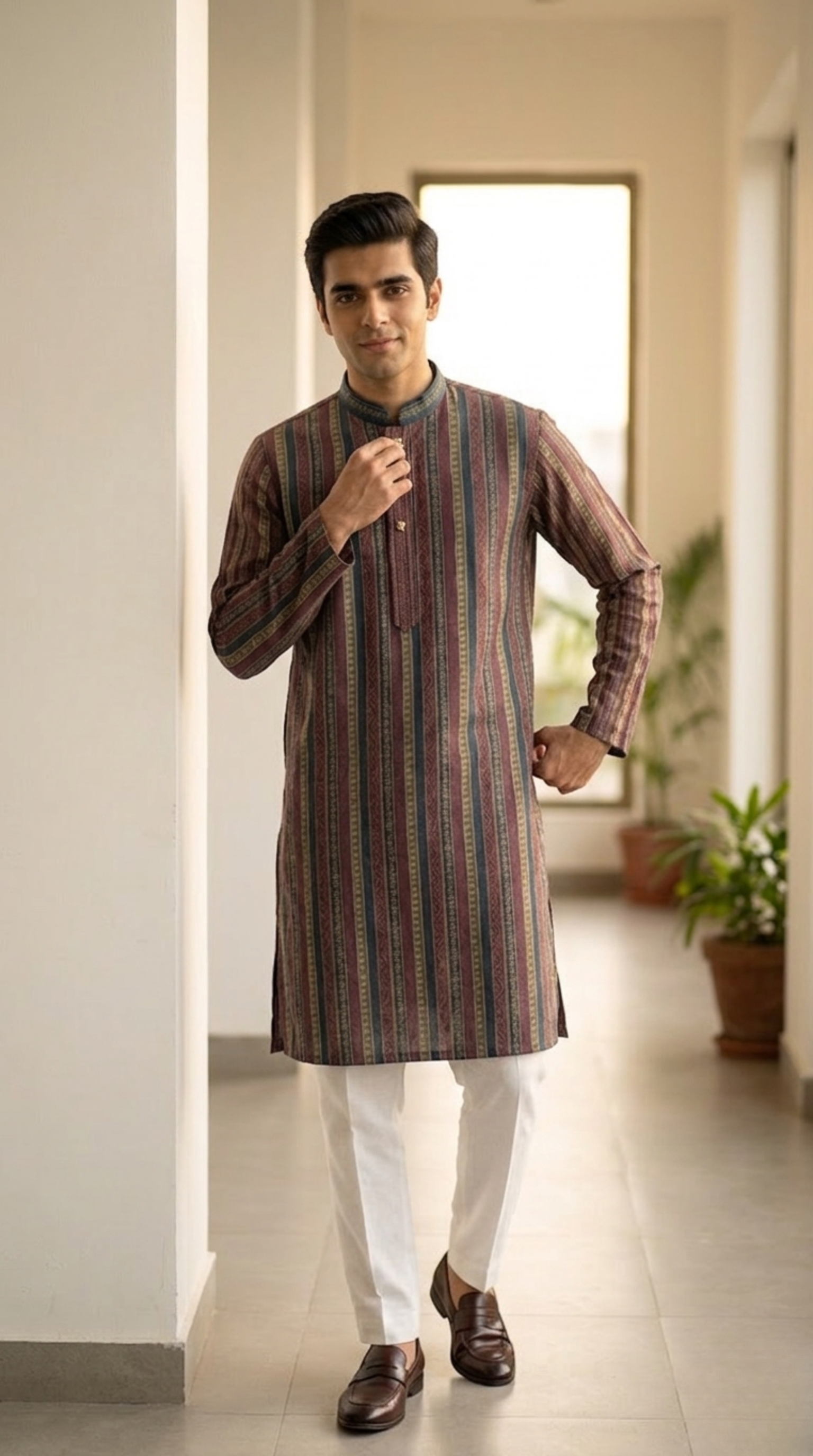 Brown multicolor stripe kurta for men with embroidered paisley pattern and teal mandarin collar