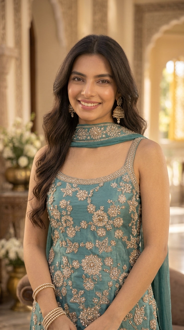 Emerald Green Tissue Silk Sharara Suit