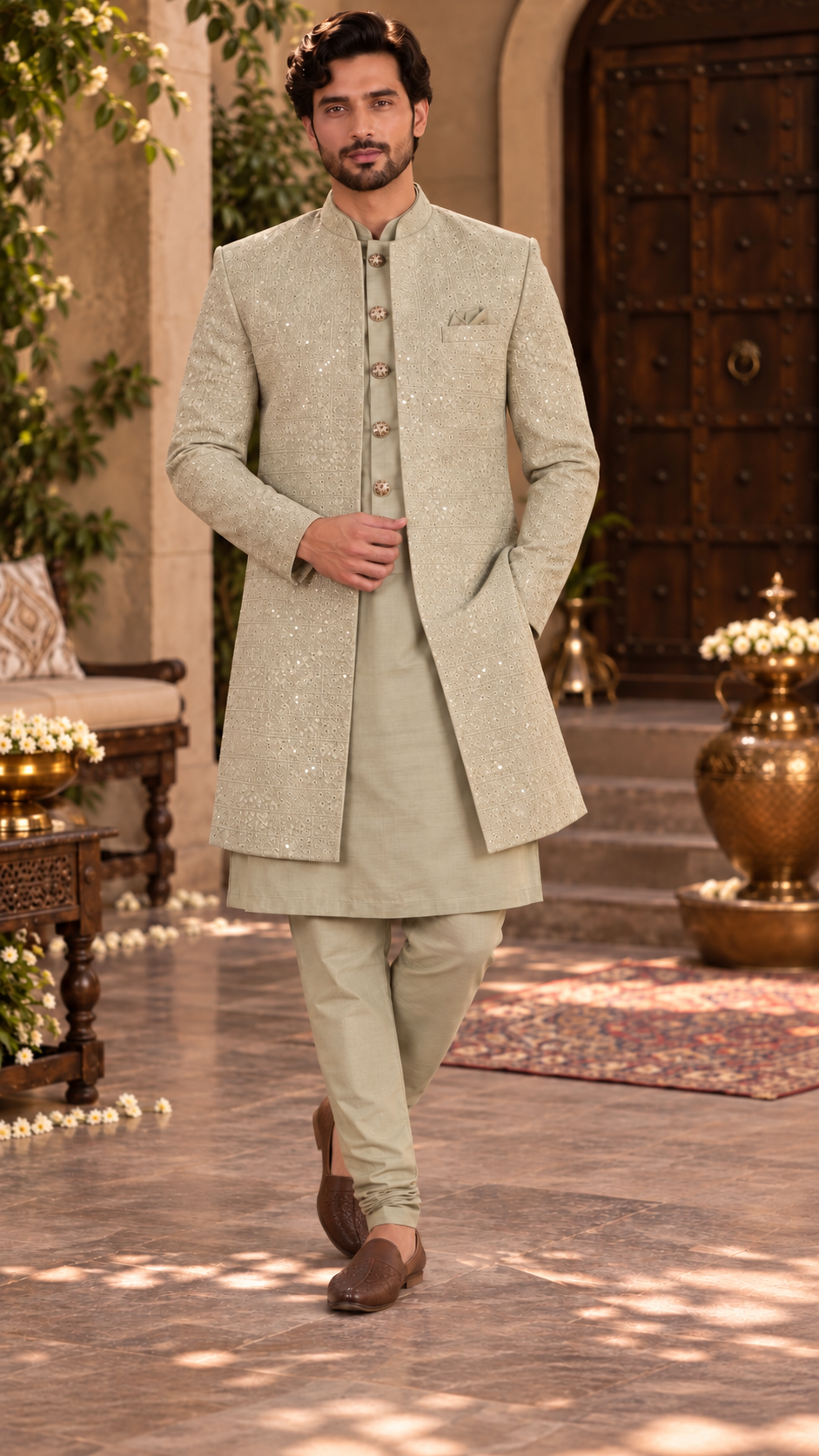 Sage Green Sequin Work Indo-Western Sherwani