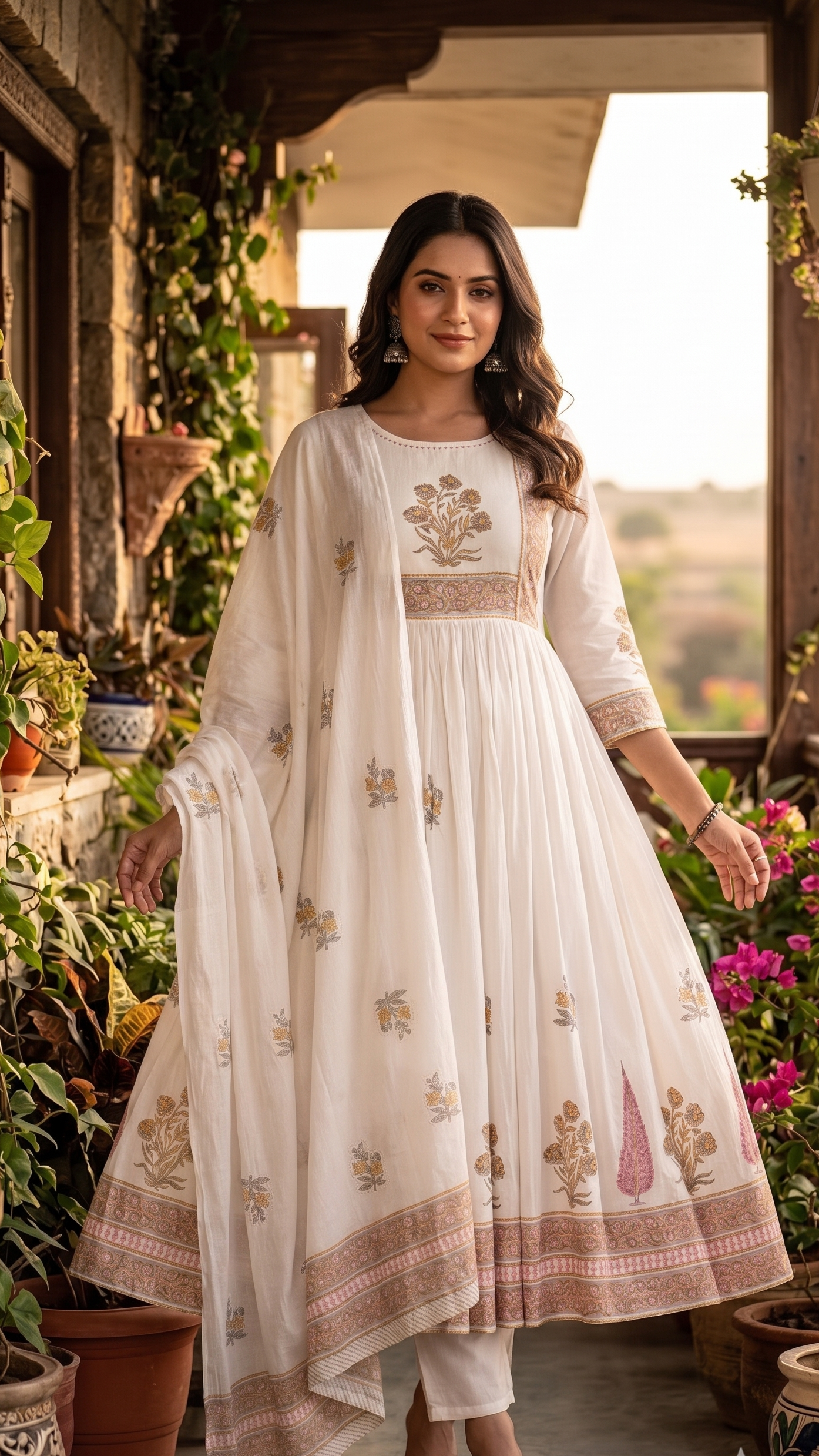 White Mul Cotton Block-Print Suit