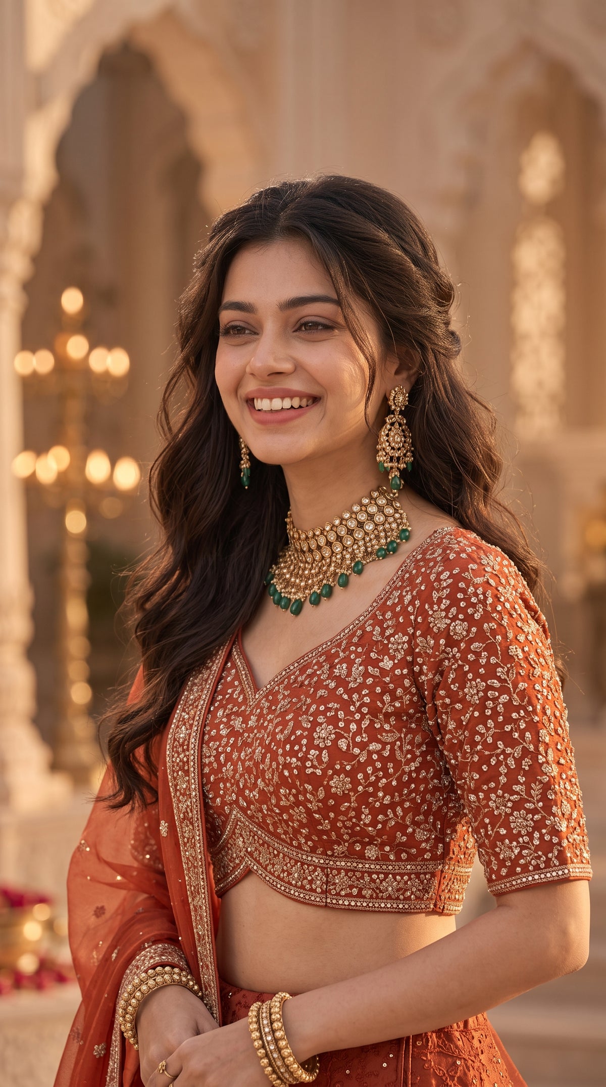 Rust Chinon Silk Party Wear Crop Top Lehenga