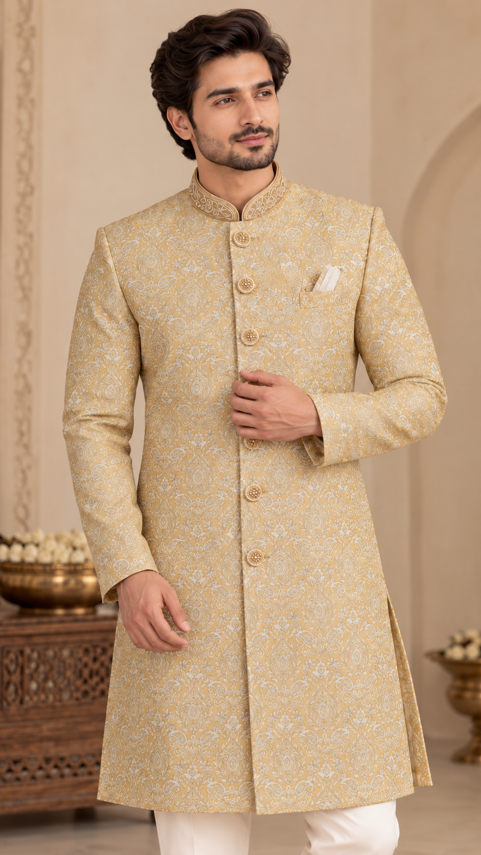 Yellow Jacquard Embroidered Sherwani