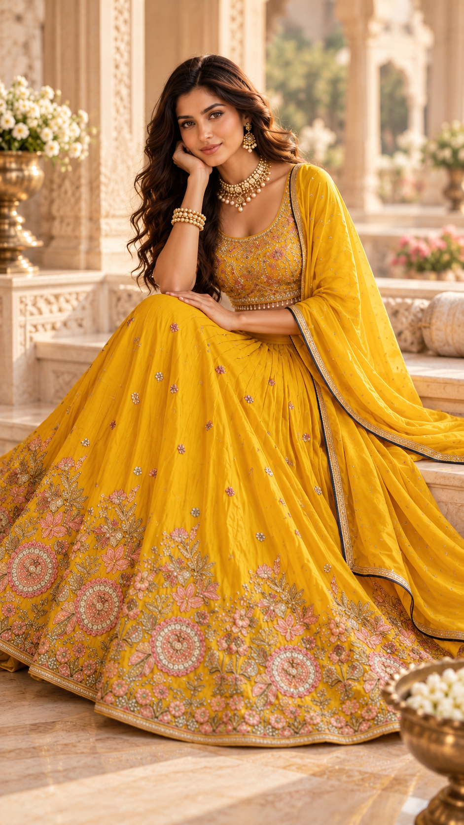 Yellow Chinon Silk Party Wear Crop top Lehenga