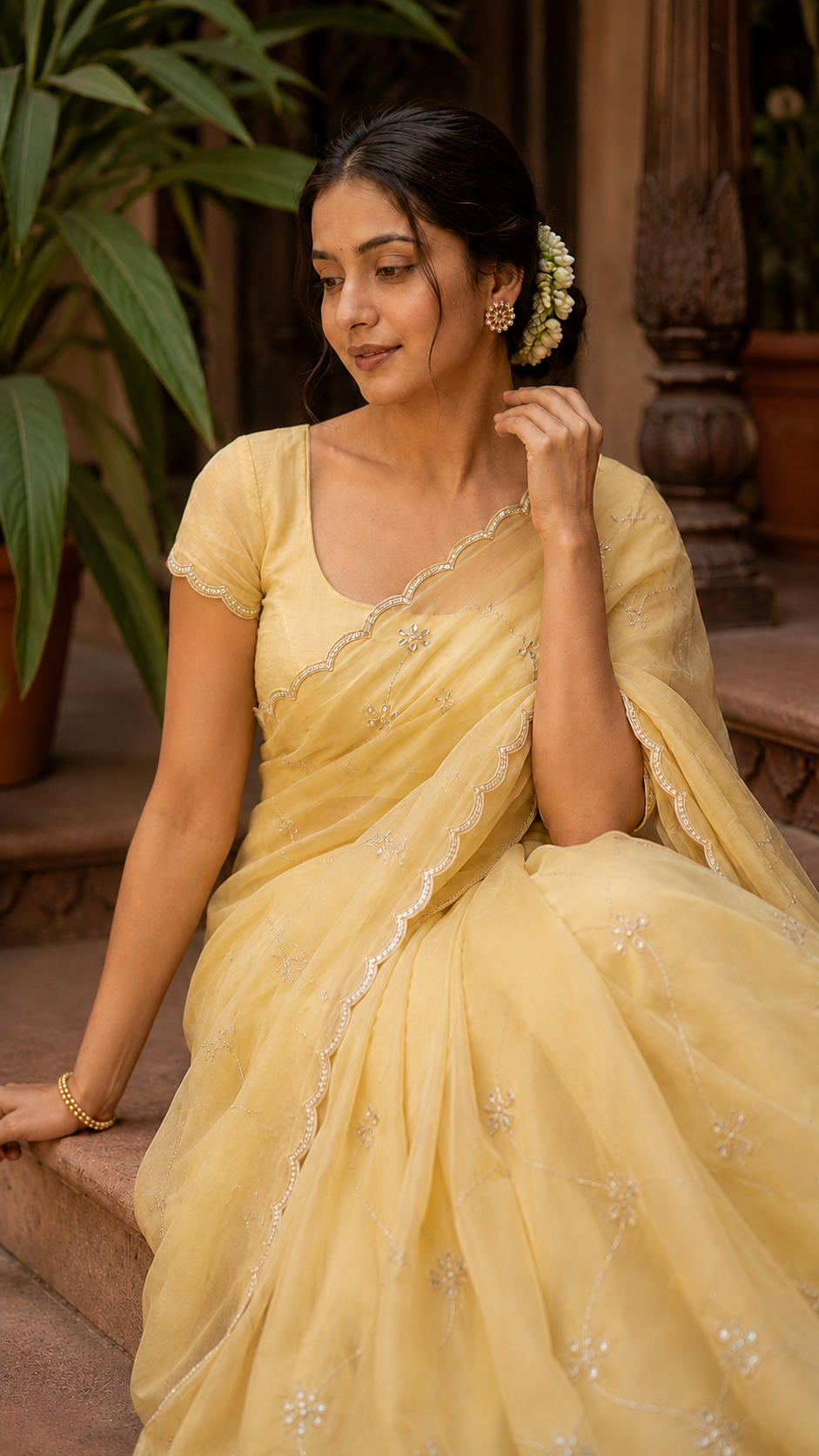 Lemon Yellow Glass Organza Fancy Saree