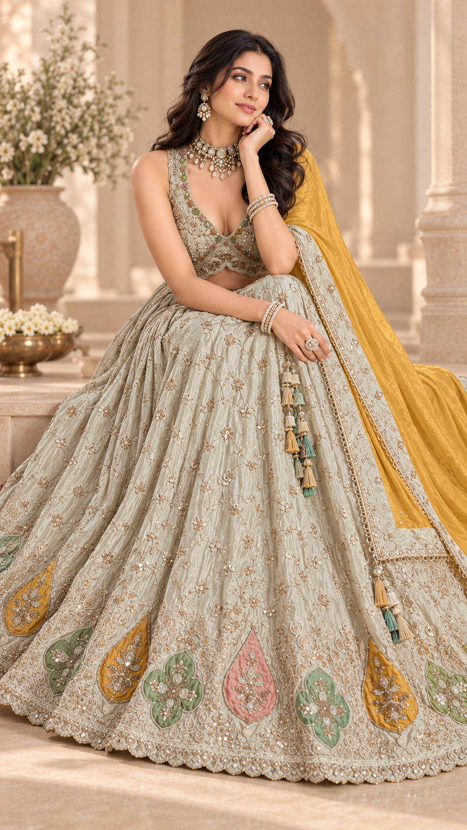 Off White Tissue Silk Party Wear Lehenga