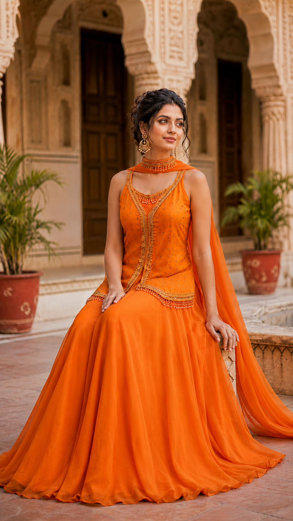 Orange Chinon Silk Sharara Suit
