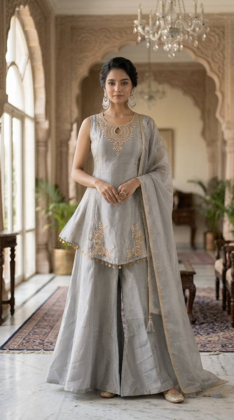 Grey Organza Tissue Sharara Suit
