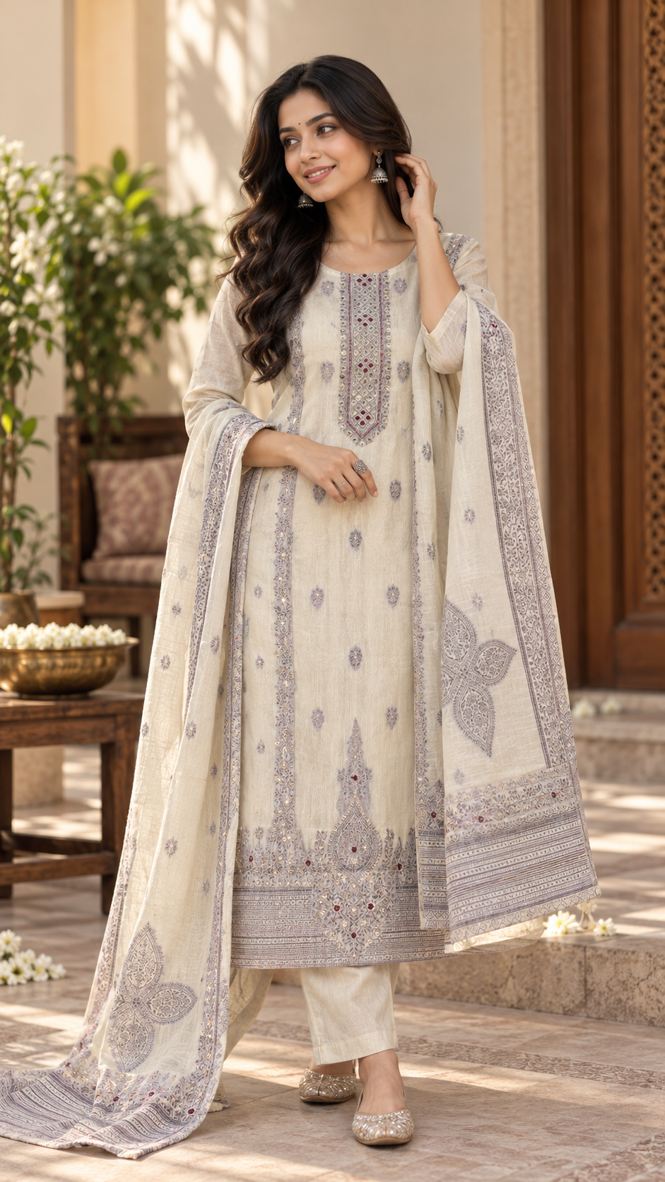 Beige Linen Jamdani Suit