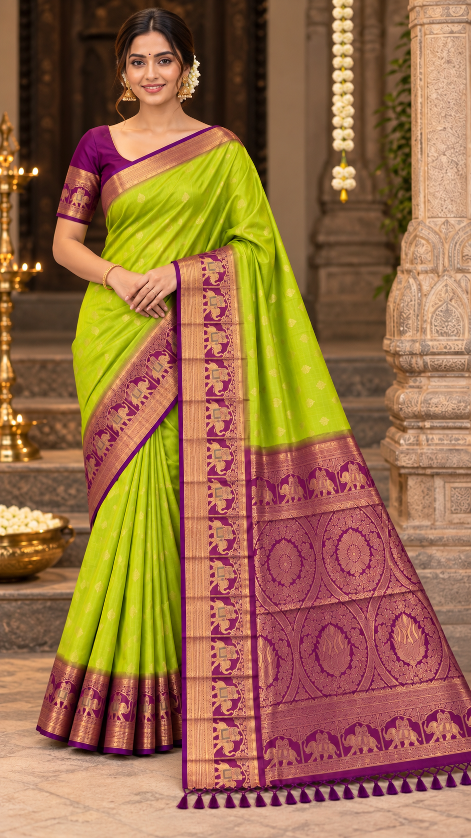 Lime Green Kanchi Silk Saree