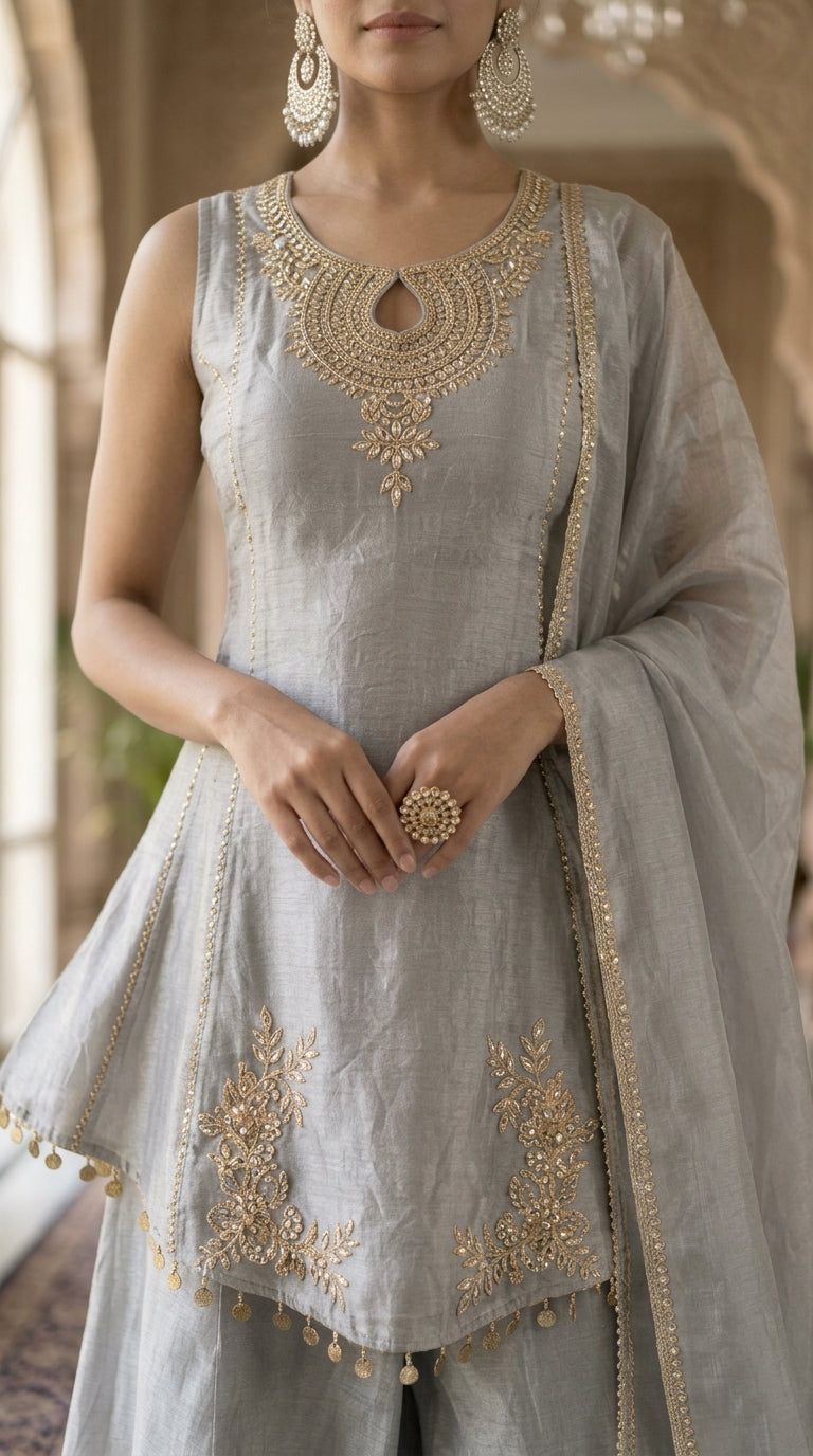 Grey Organza Tissue Sharara Suit
