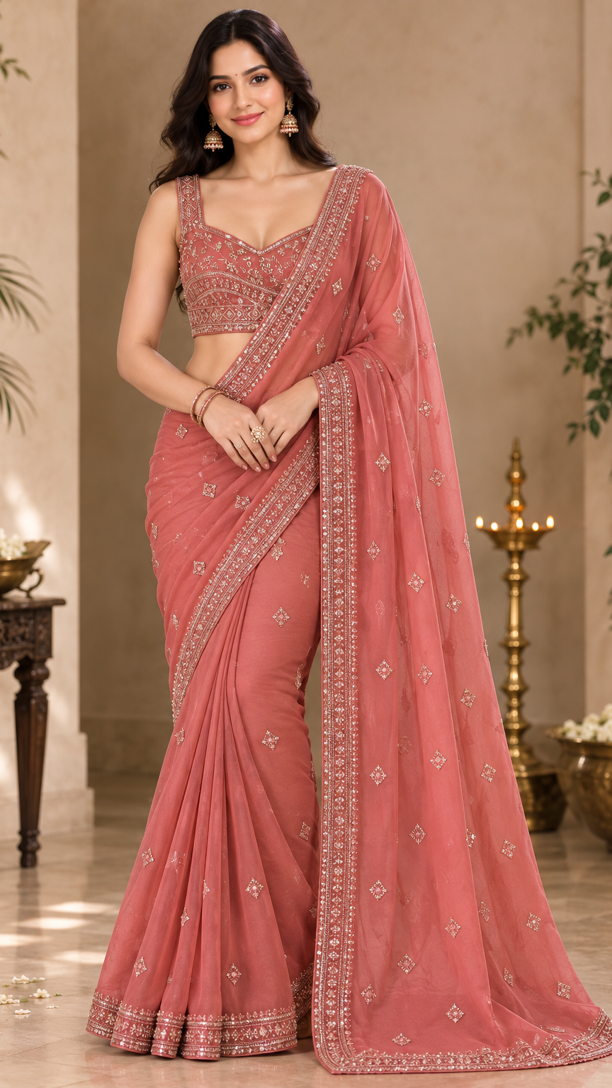 Coral Organza Fancy Saree