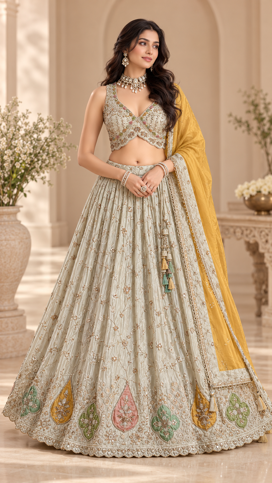 Off White Tissue Silk Party Wear Lehenga
