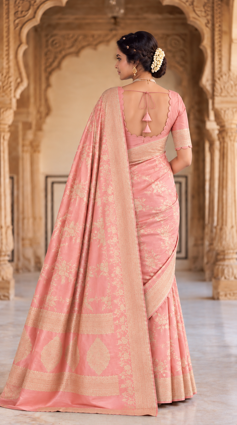 Blush Pink Banaras Satin Silk Saree