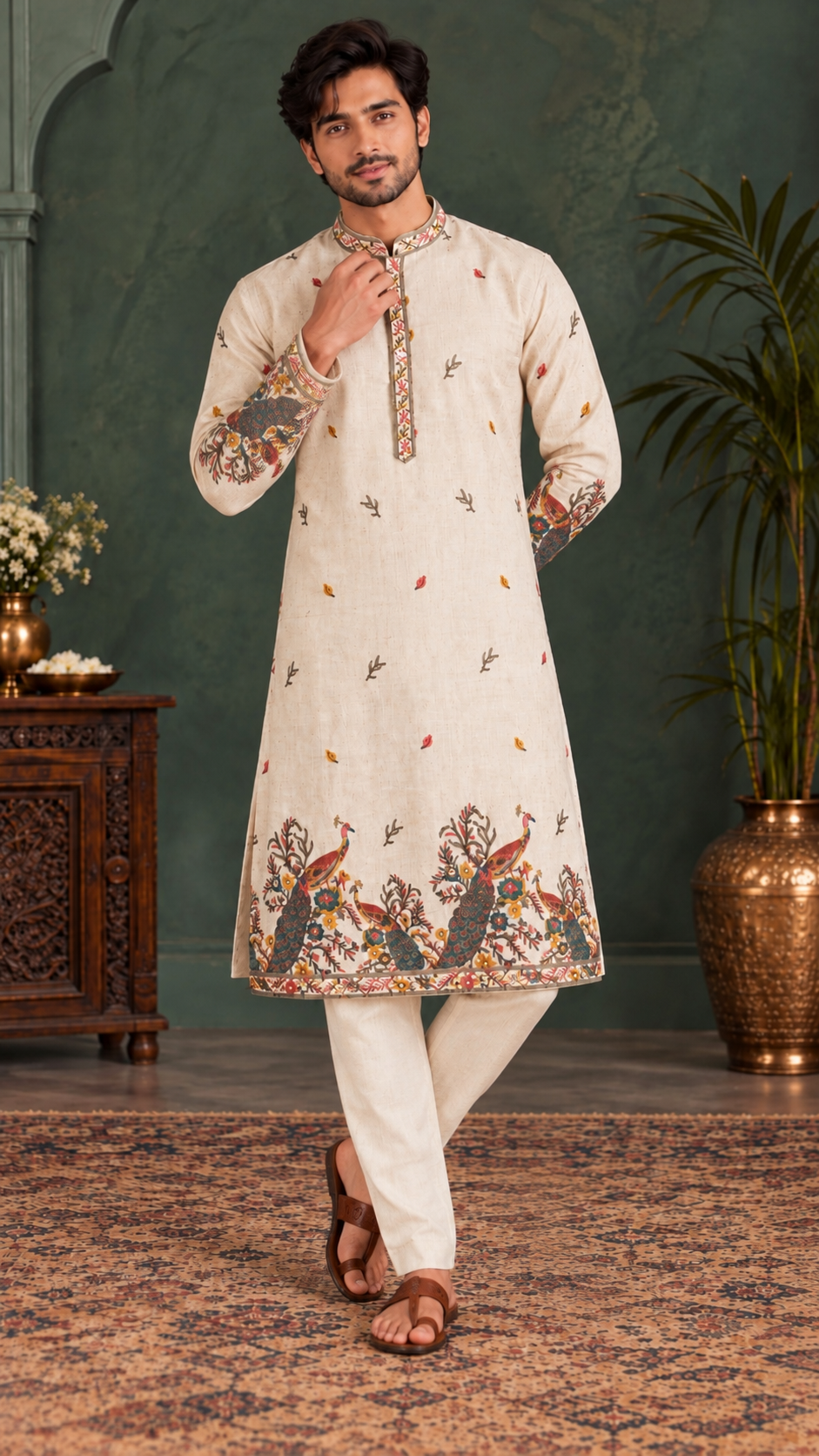 Off White Linen Peacock Embroidered Kurta Set