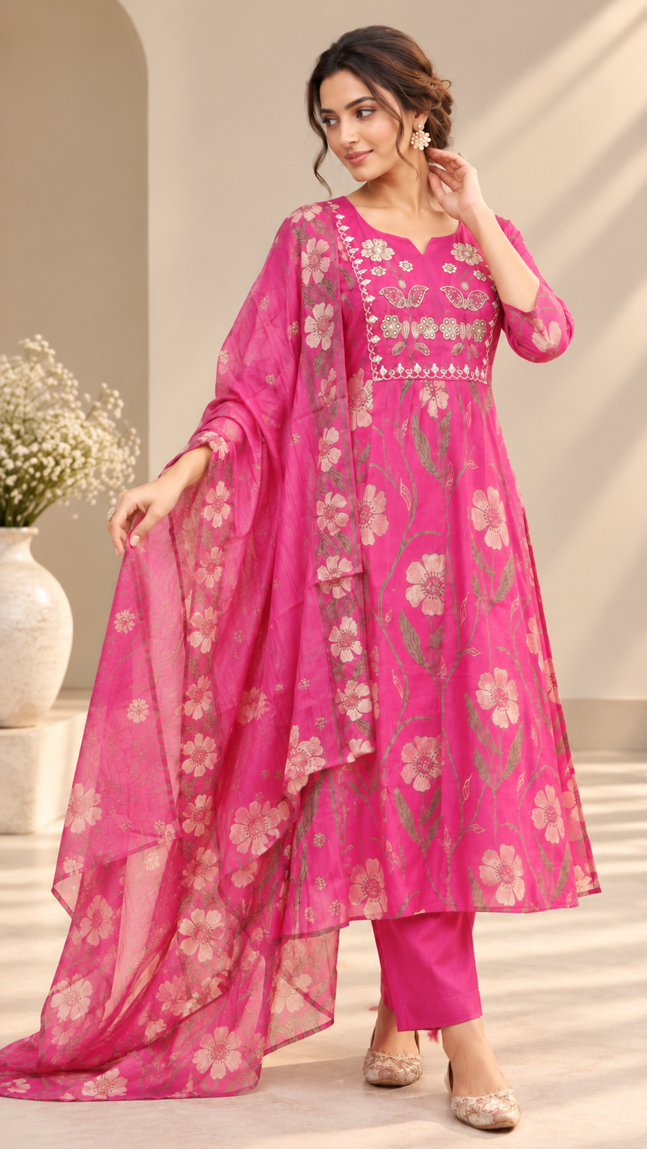 Rani Pink Mul Chanderi A-Line Cut Suit