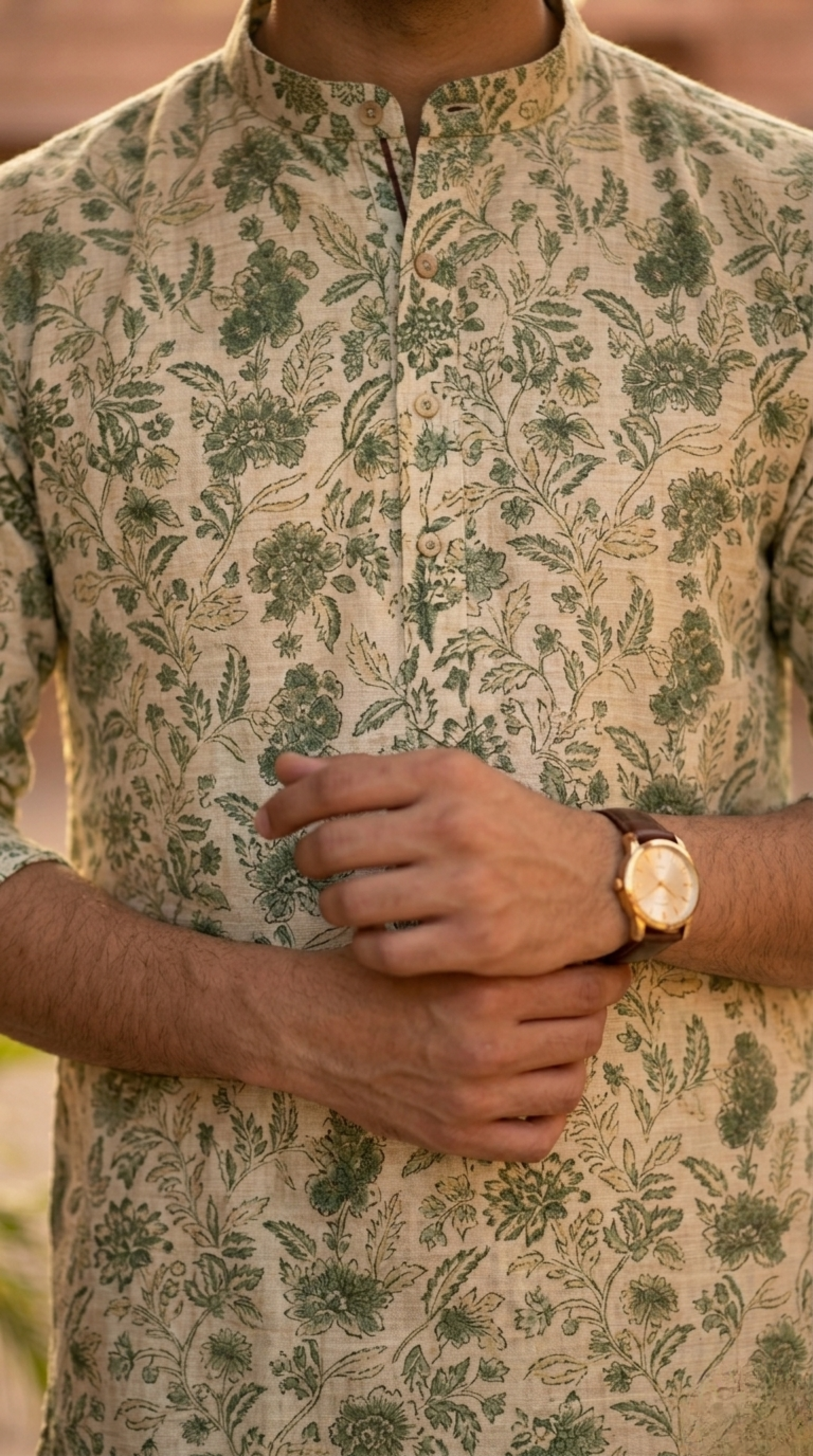 Cream floral print cotton kurta set for men with mandarin collar