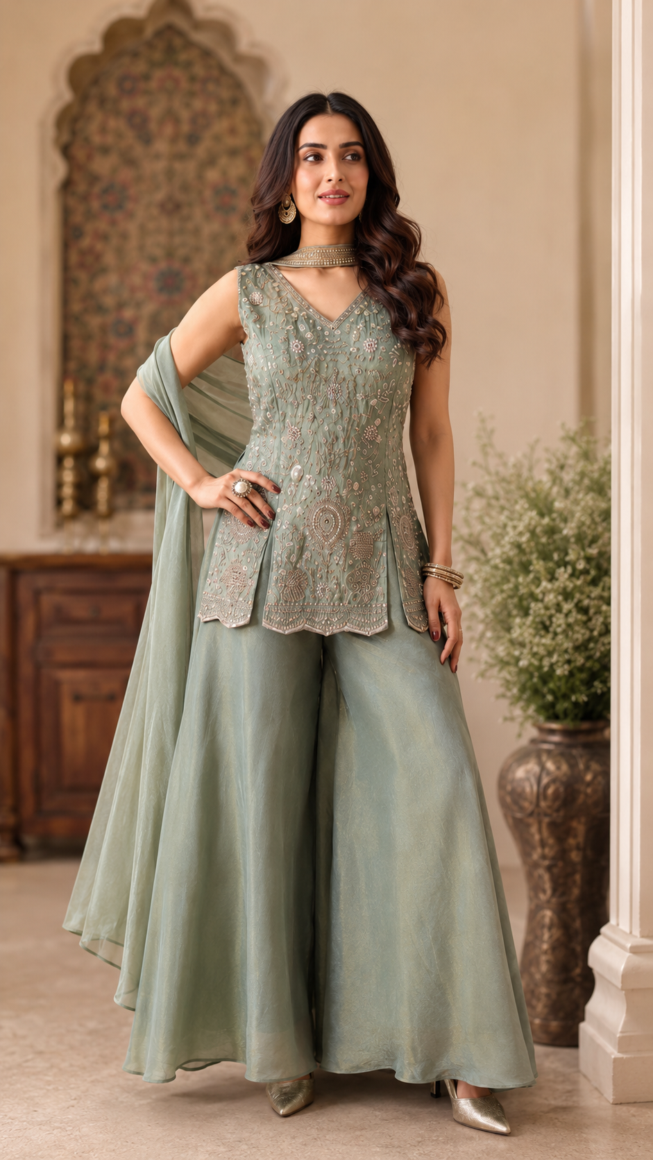 Sea Green Tissue Silk Sharara Suit