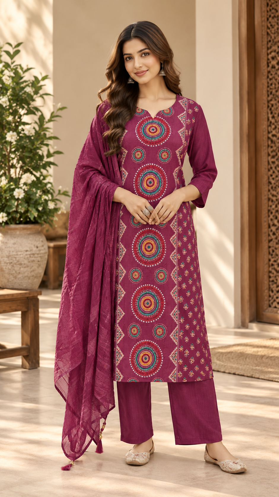 Magenta Rayon Cotton Straight Cut Suit