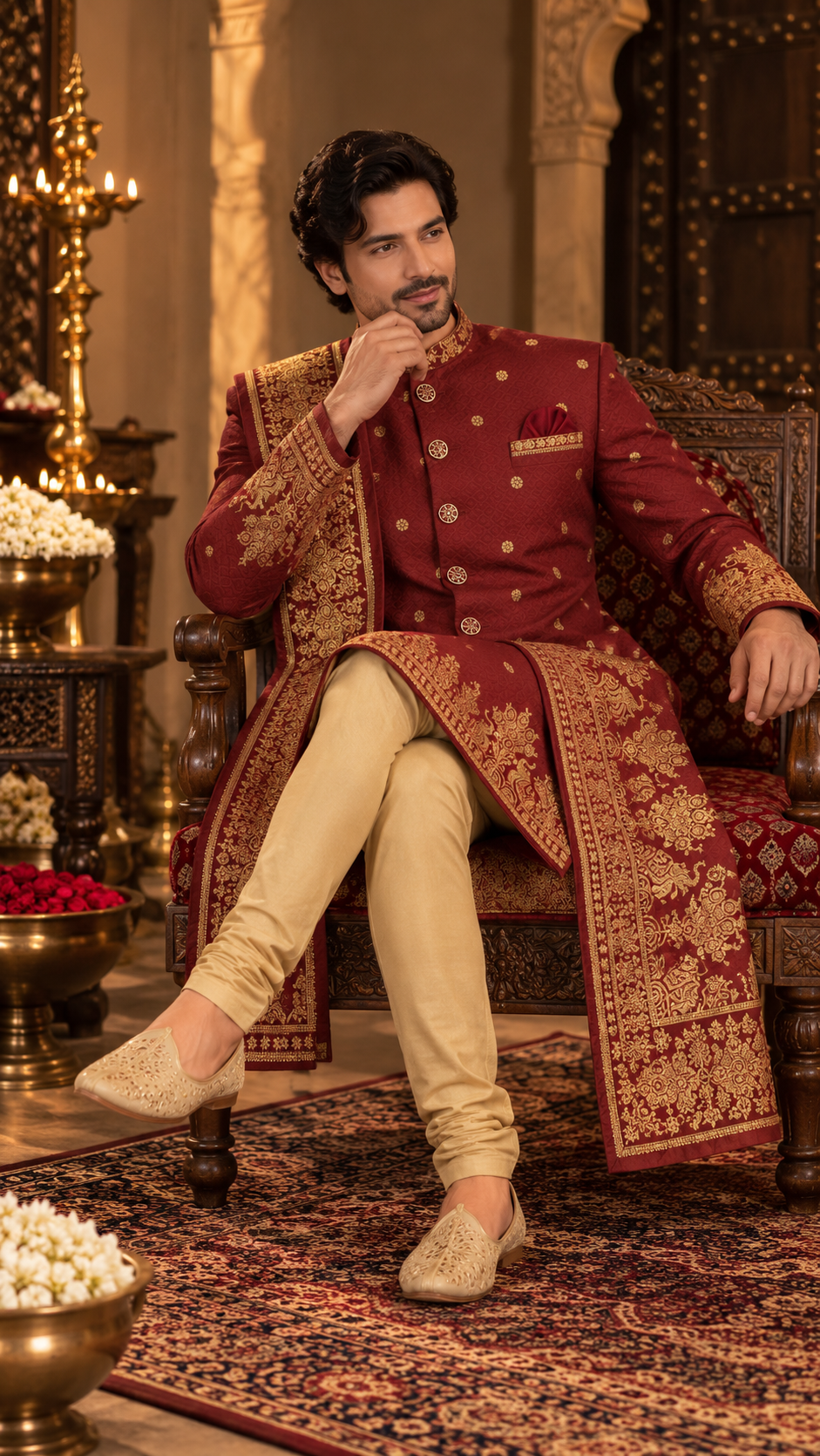 Maroon Embroidered Sherwani Set with Stole and Churidar