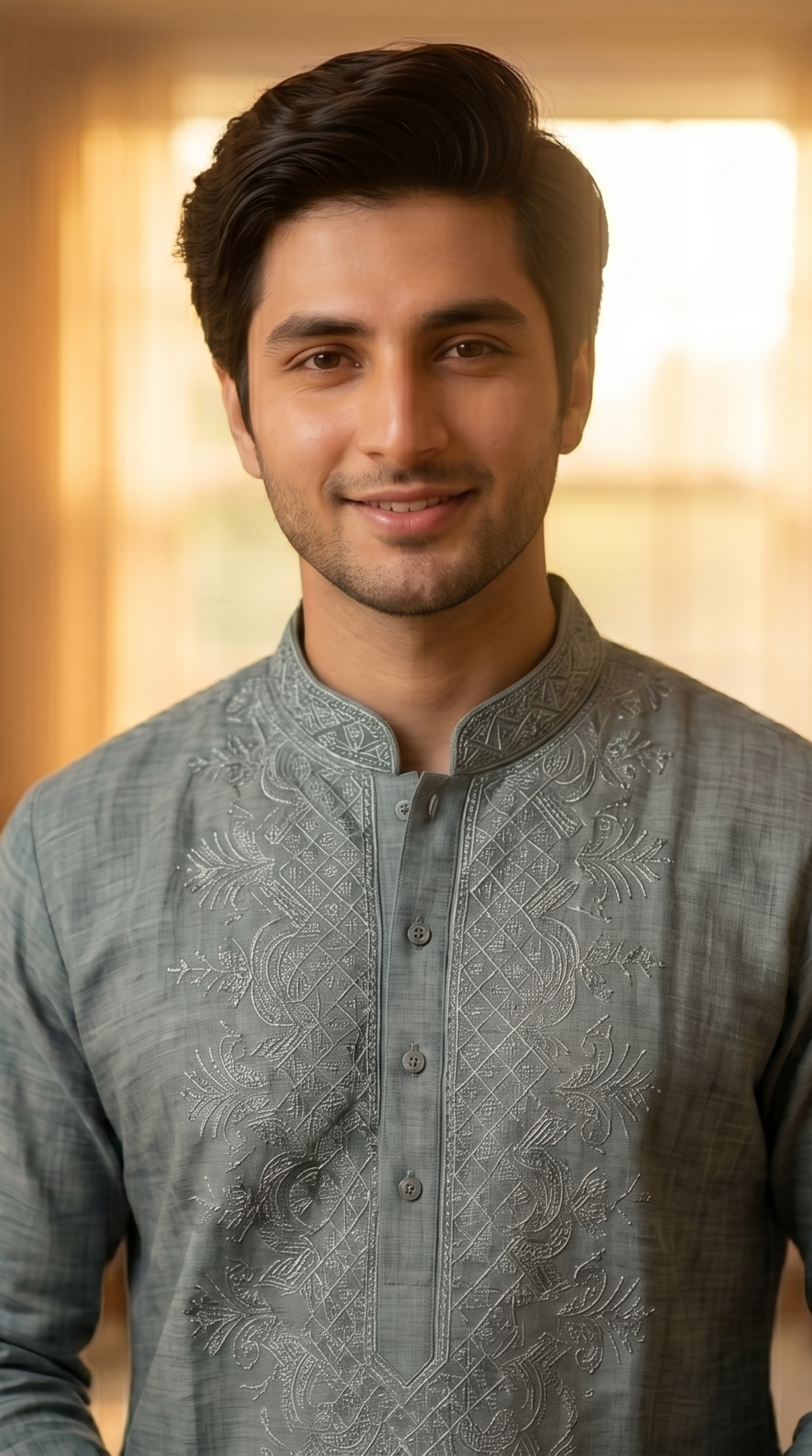 Light blue linen kurta set for men with mandarin collar — detail closeup shot
