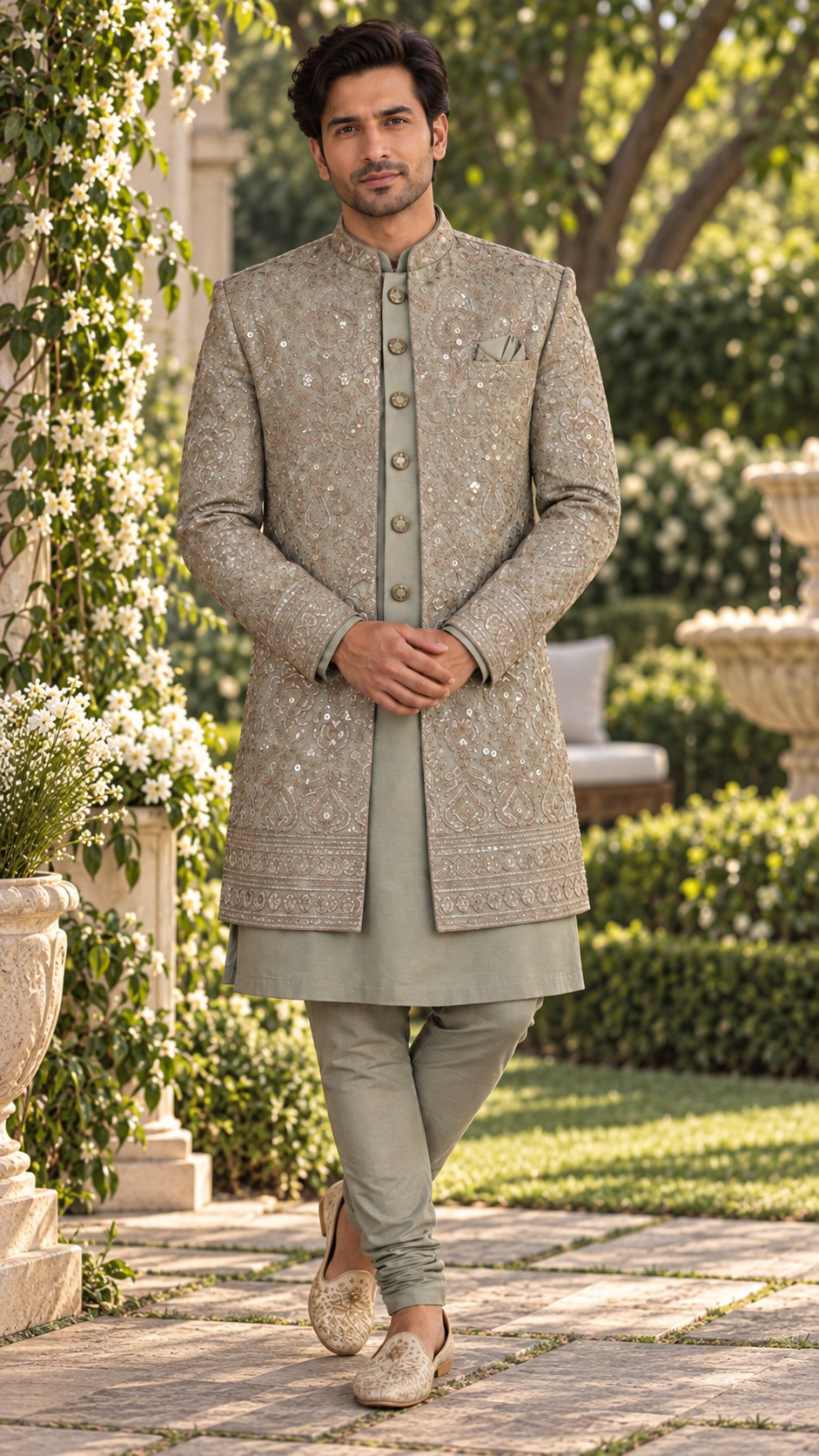 Light Sage Green Silk Indo Western Sherwani