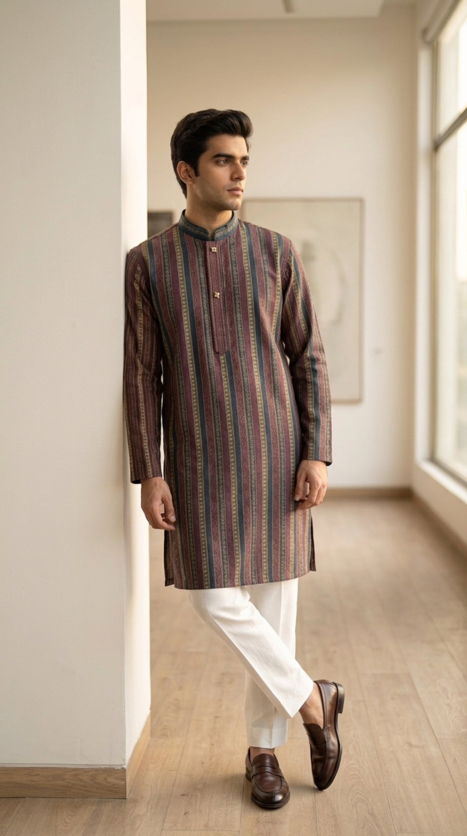 Brown multicolor stripe kurta for men with embroidered paisley pattern and teal mandarin collar