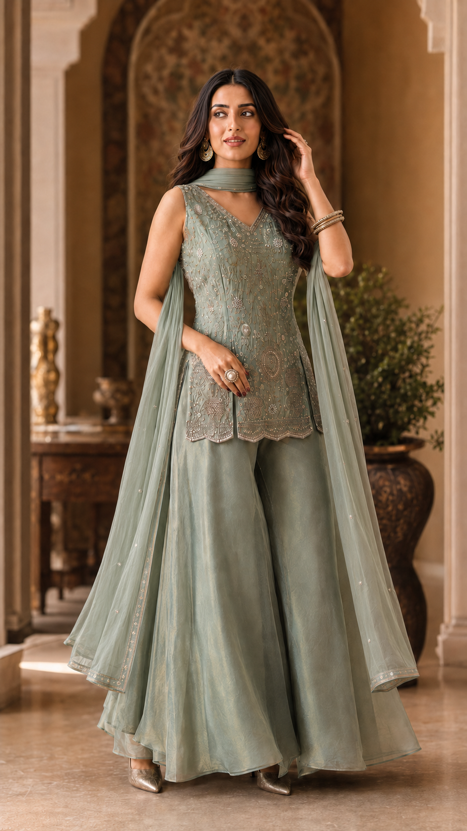Sea Green Tissue Silk Sharara Suit