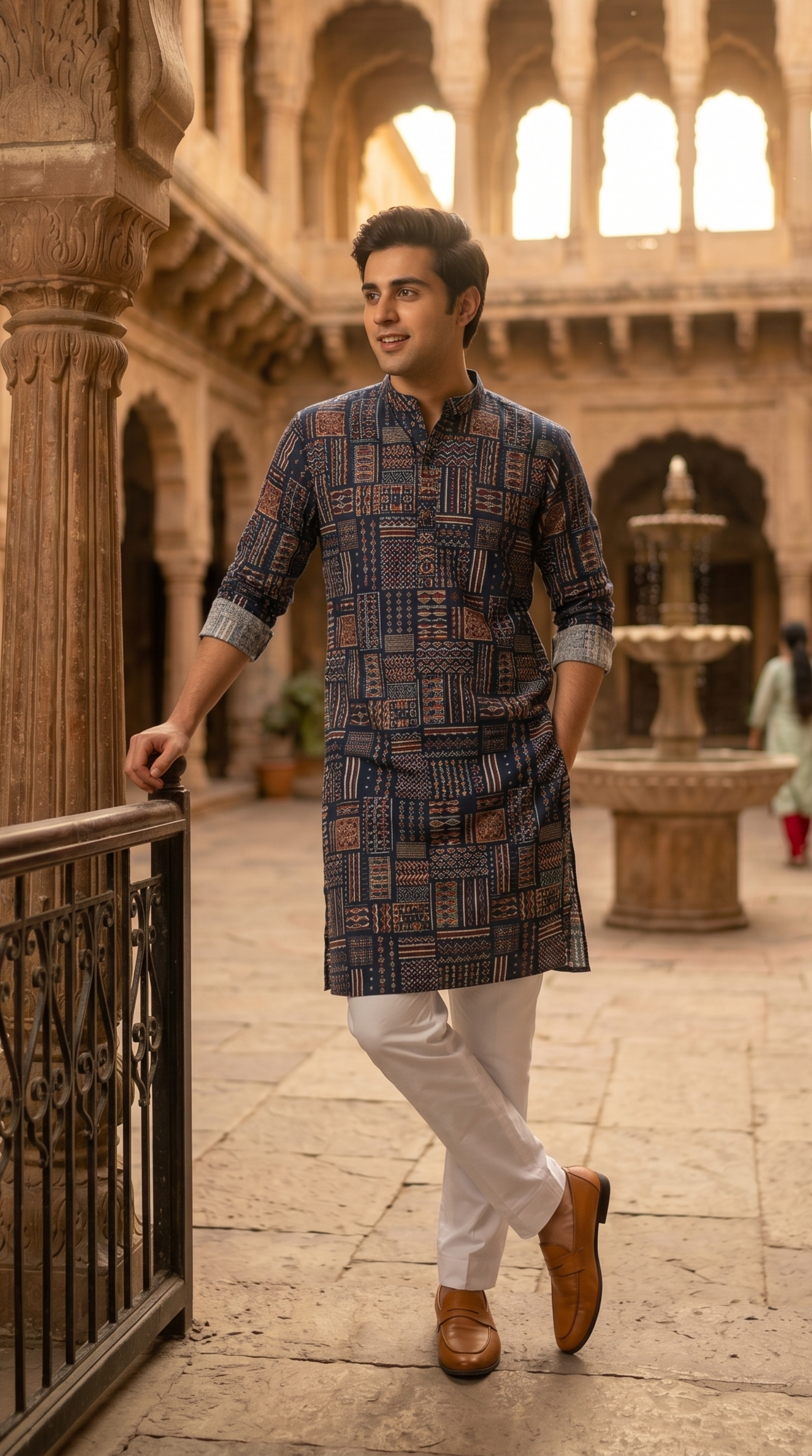 Navy blue patchwork block print cotton kurta for men with mandarin collar