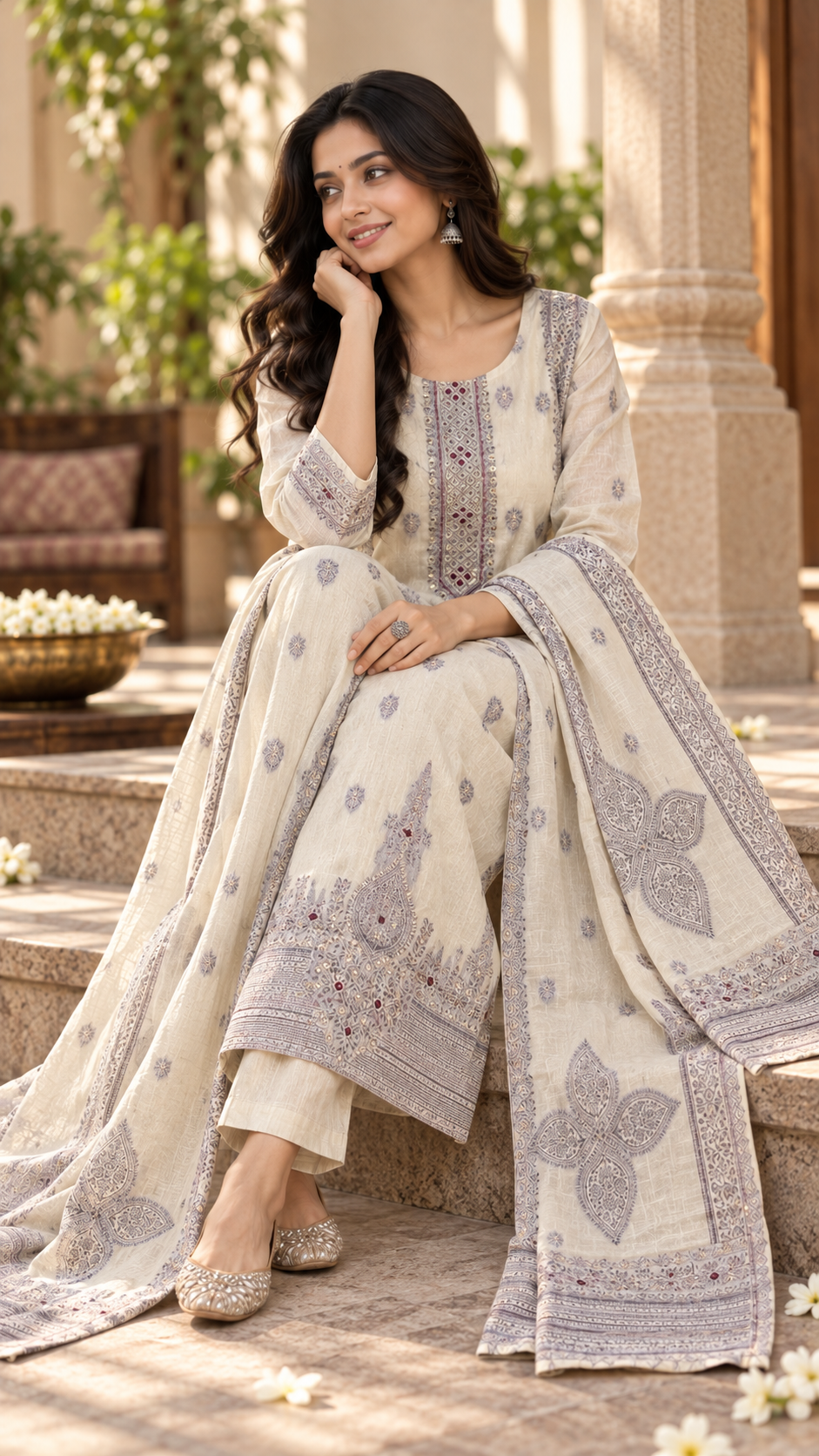 Beige Linen Jamdani Suit