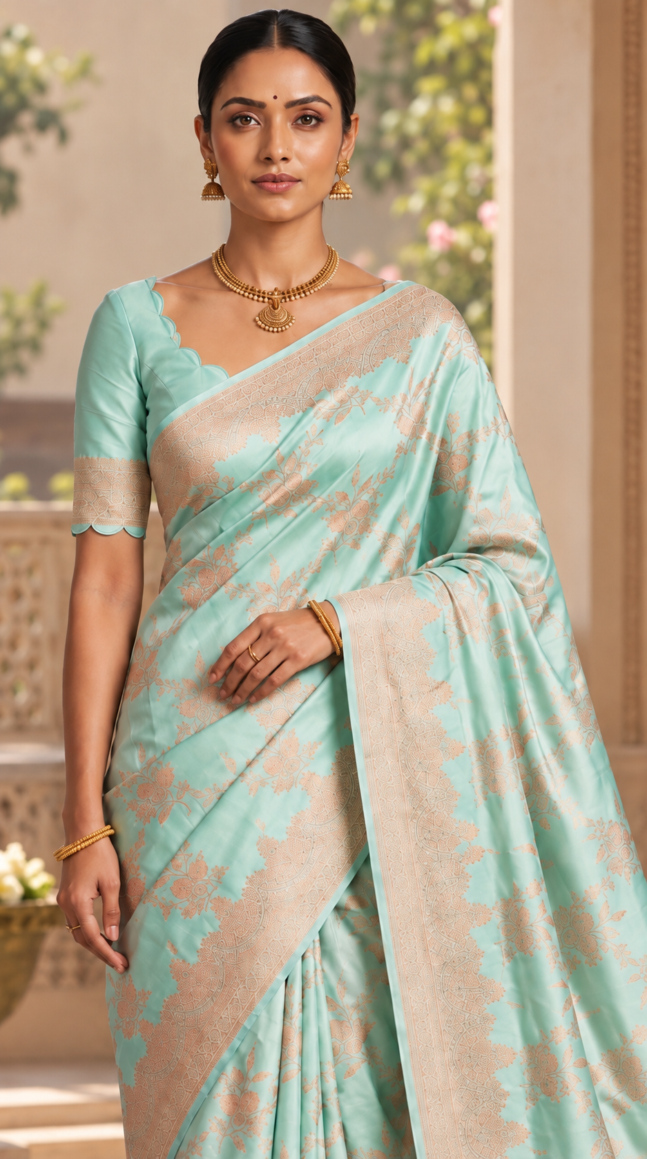 Aqua Blue Banaras Satin Silk Saree