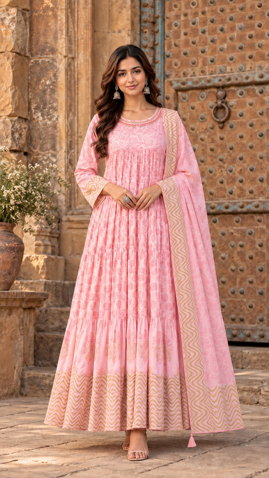 Pink Mul Cotton Long Gown