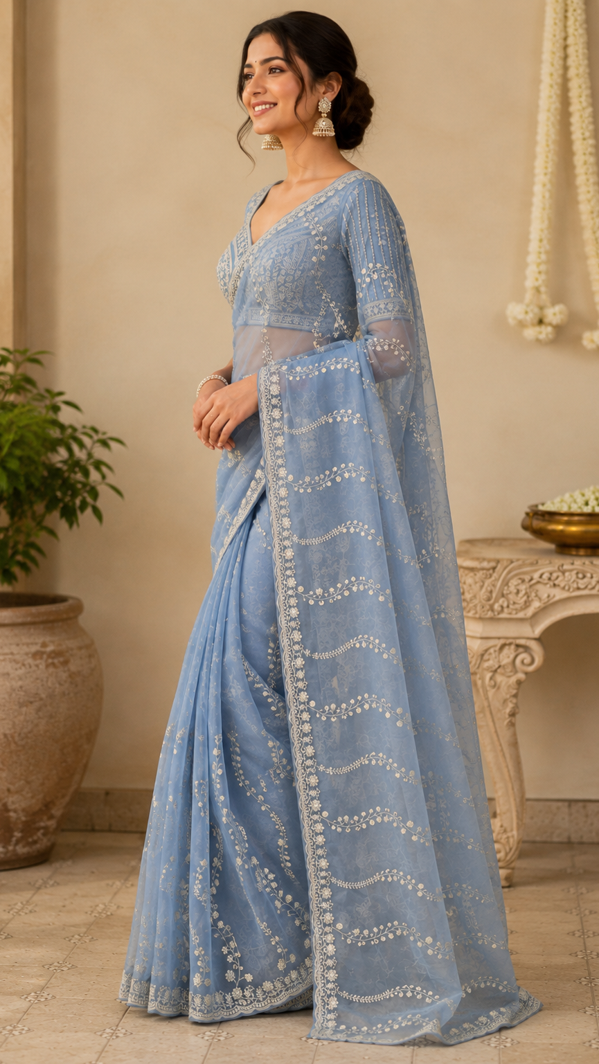 Light Blue Organza Fancy Saree