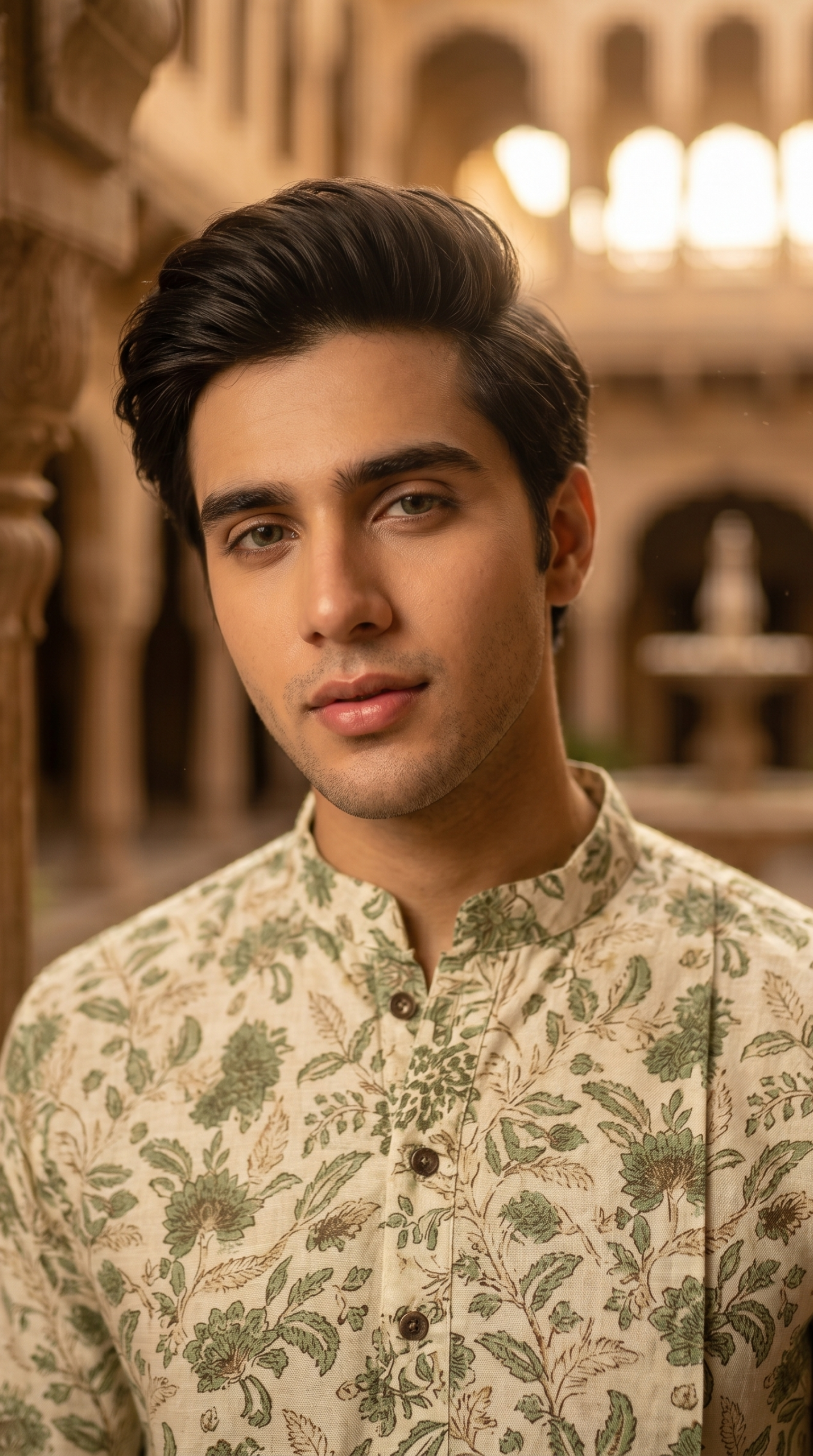 Cream floral print cotton kurta set for men with mandarin collar