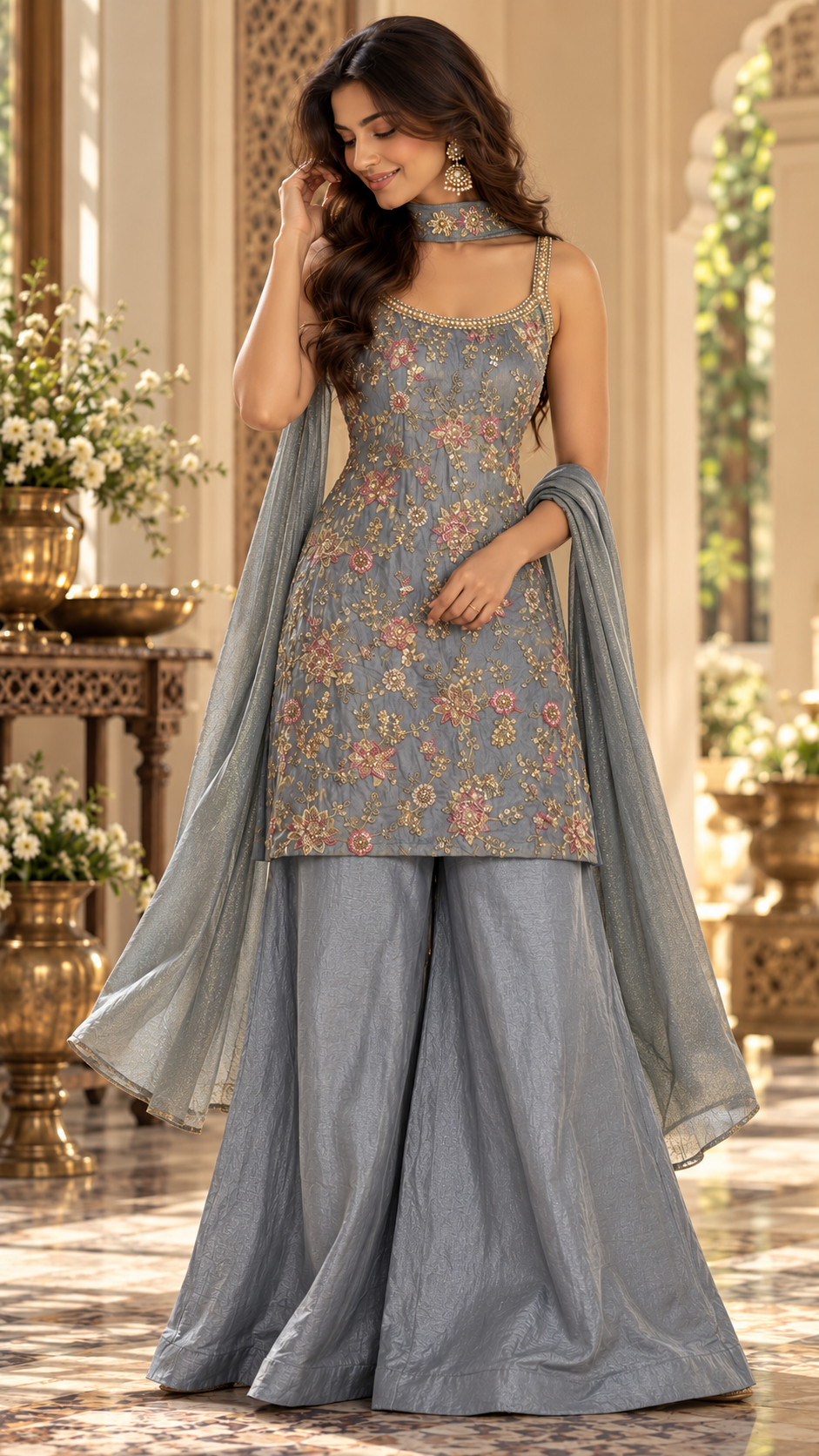 Ice Blue Crepe Silk Party Wear Sharara Suit