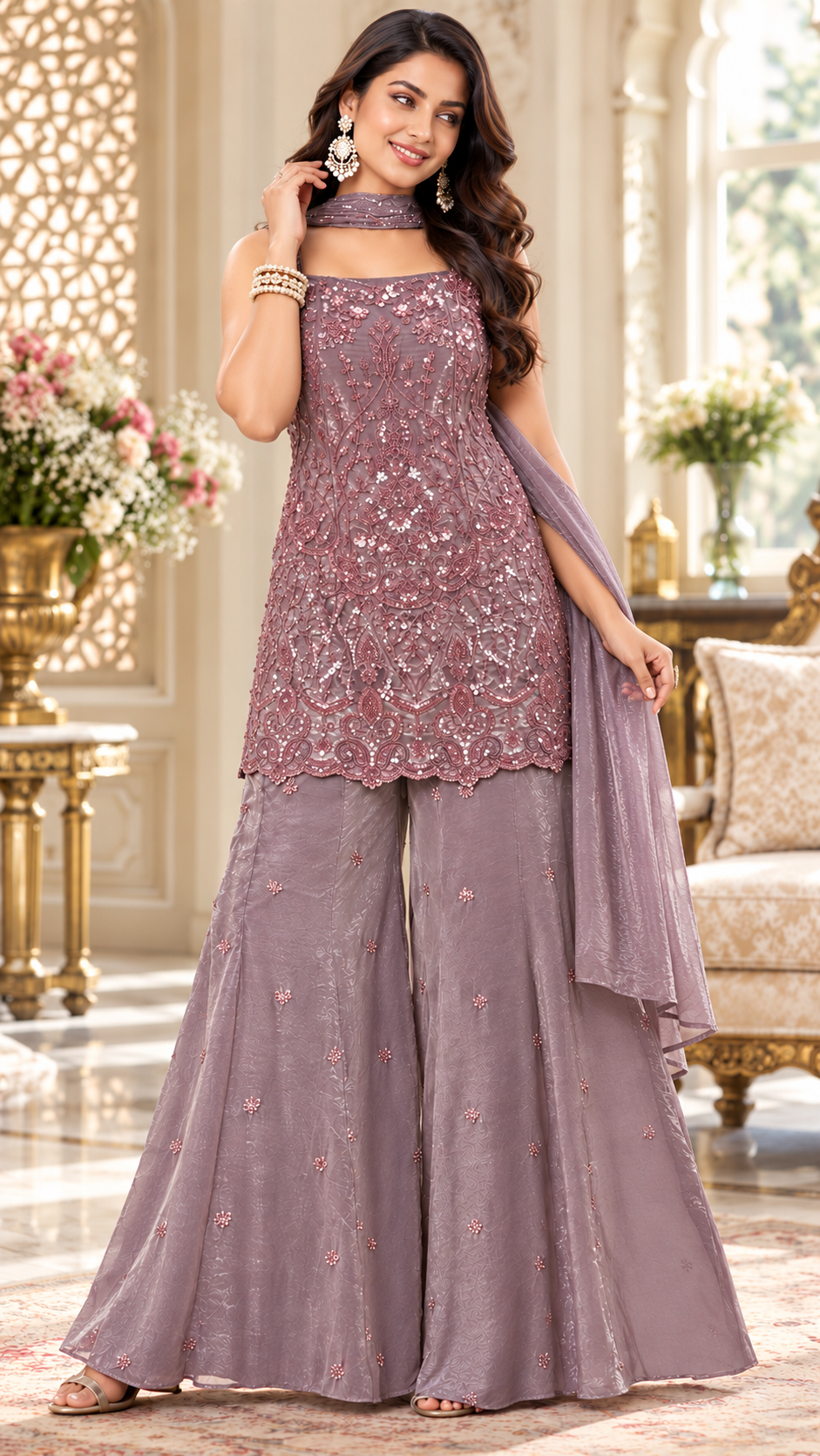 Lavender Shimmer Organza Party Wear Sharara Suit
