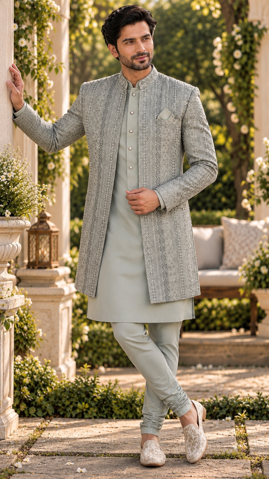 Dusty Slate Blue Chickenkari Silk Indo Western Sherwani