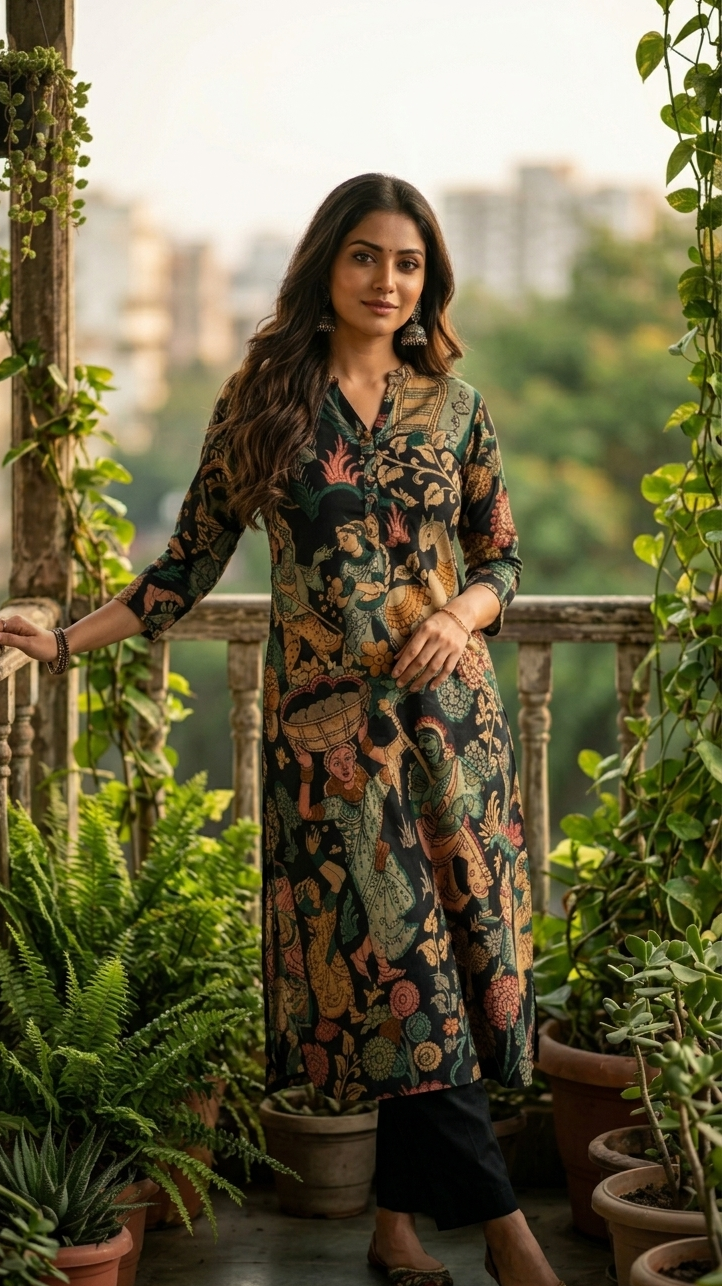 Black Kalamkari Cotton Kurti Set