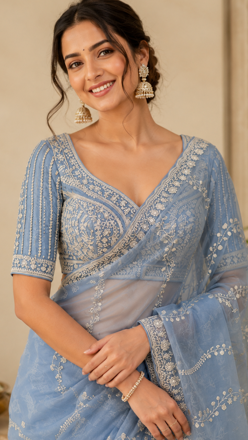 Light Blue Organza Fancy Saree