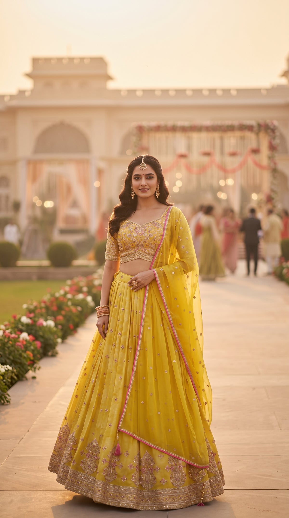 Yellow Organza Silk Party Wear Crop Top Lehenga