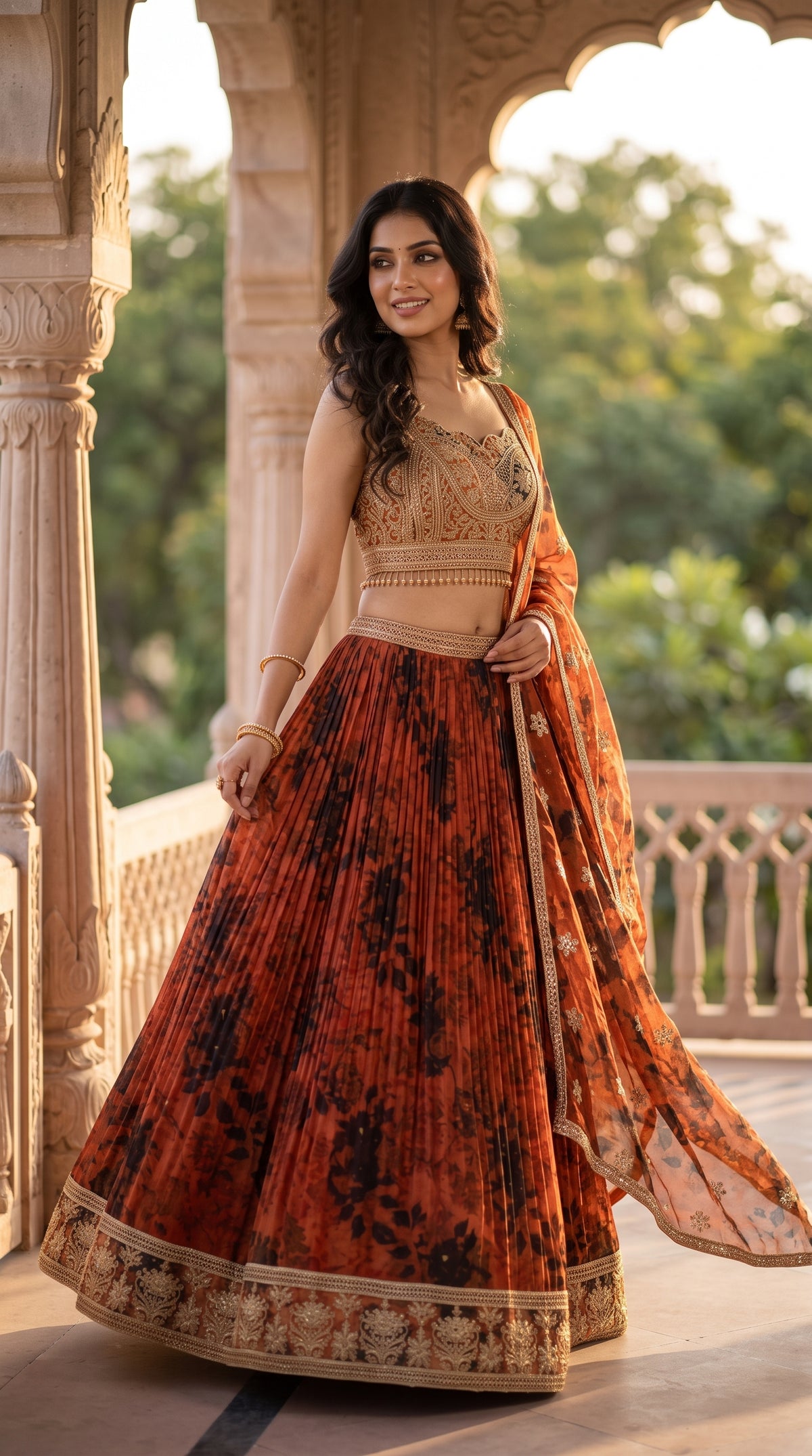 Burnt Orange Crushed Organza Crop Top Lehenga