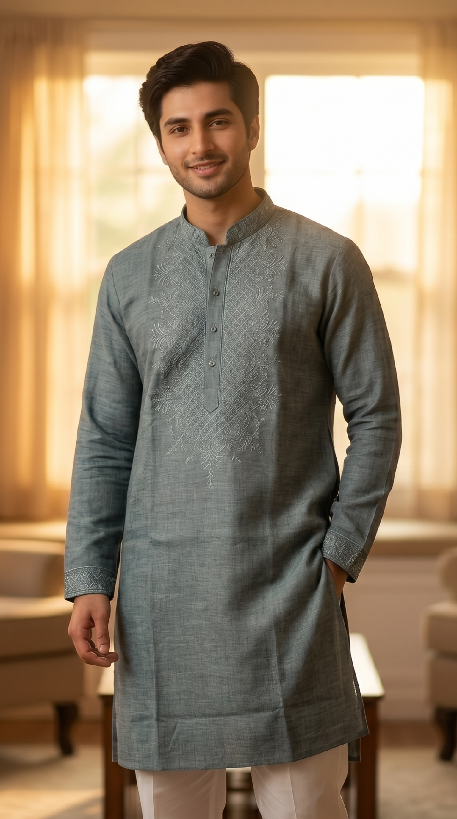 Light blue linen kurta set for men with mandarin collar — studio shot