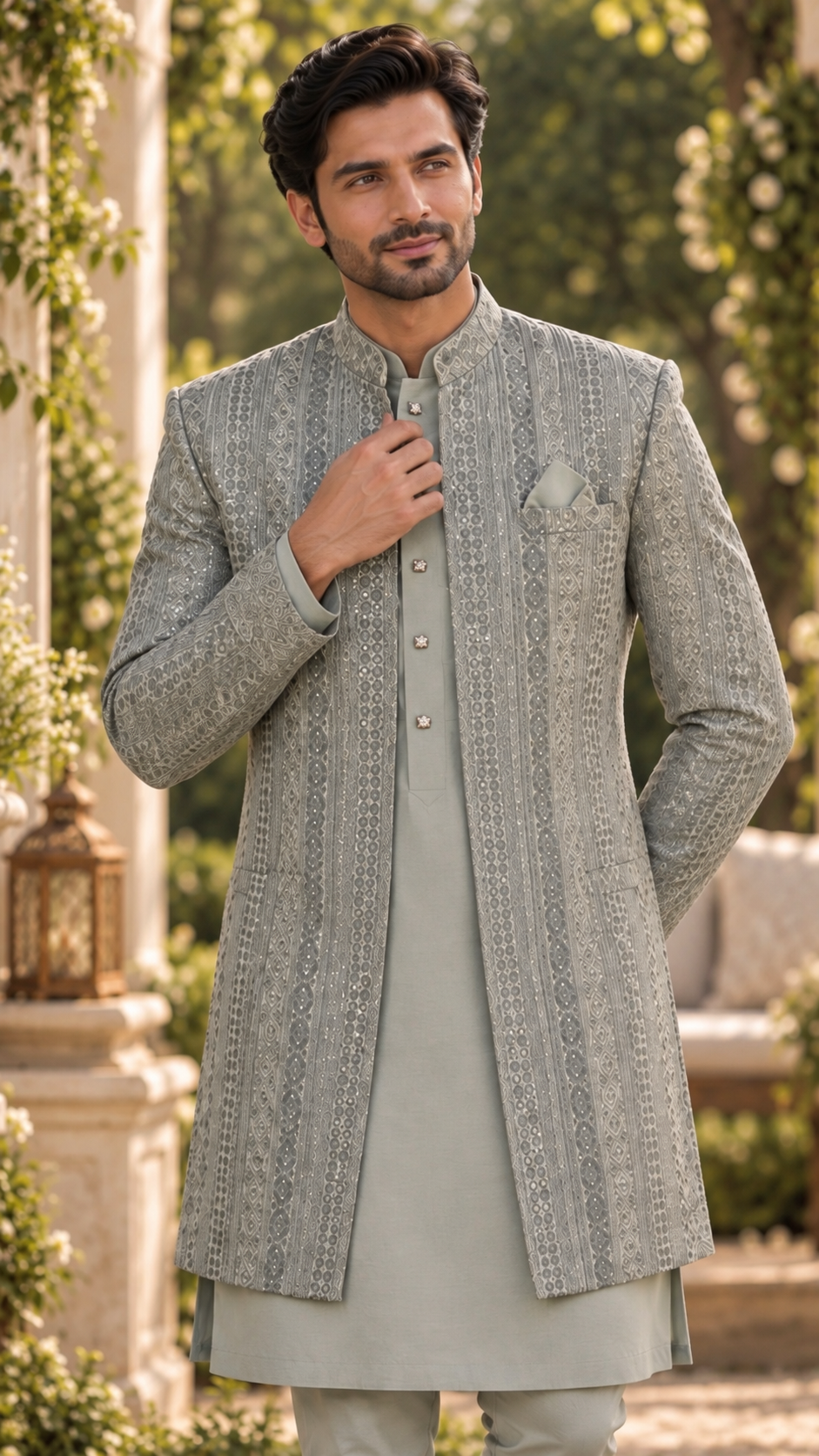 Dusty Slate Blue Chickenkari Silk Indo Western Sherwani