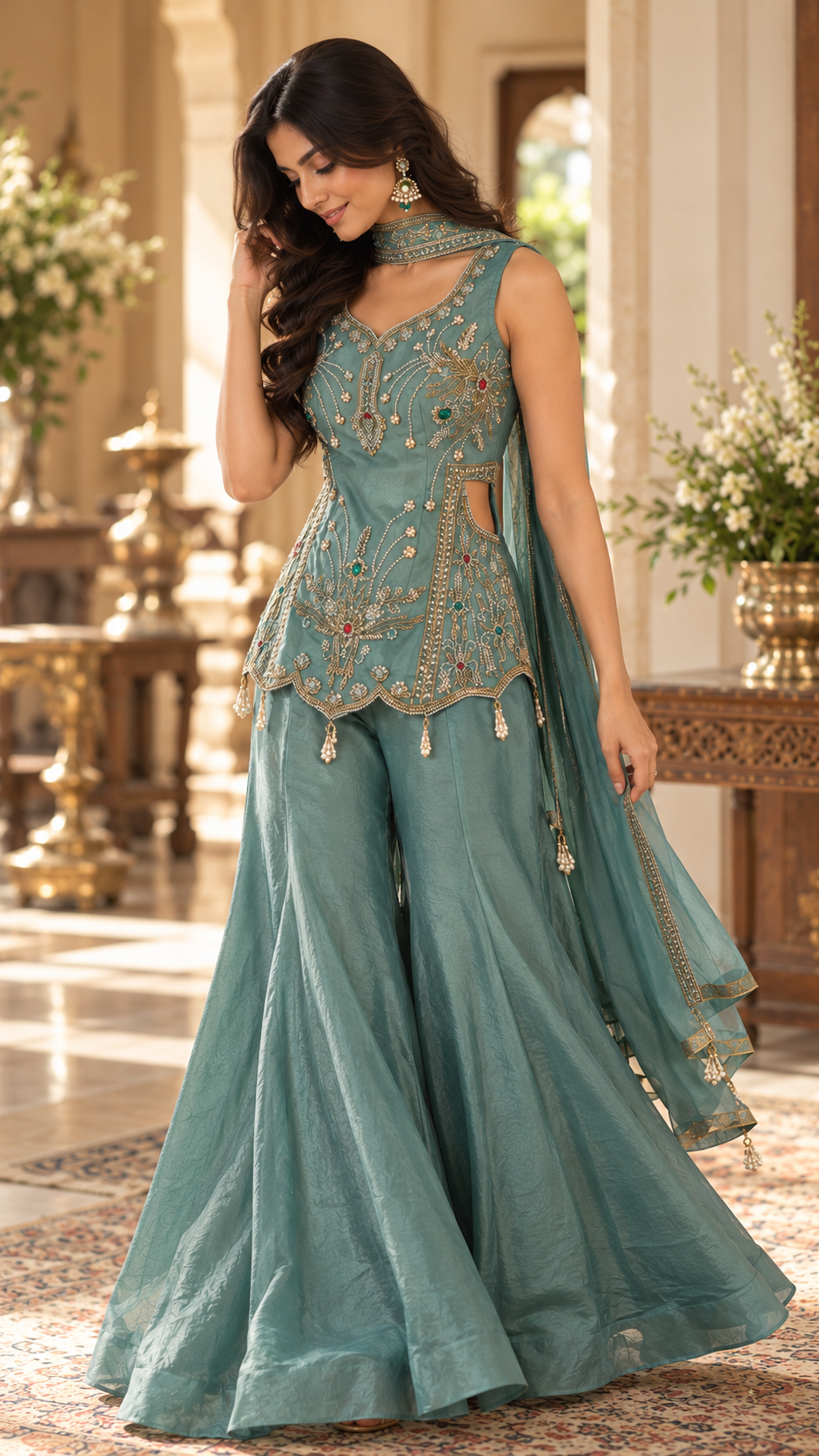 Emerald Green Crushed Tissue Sharara Suit