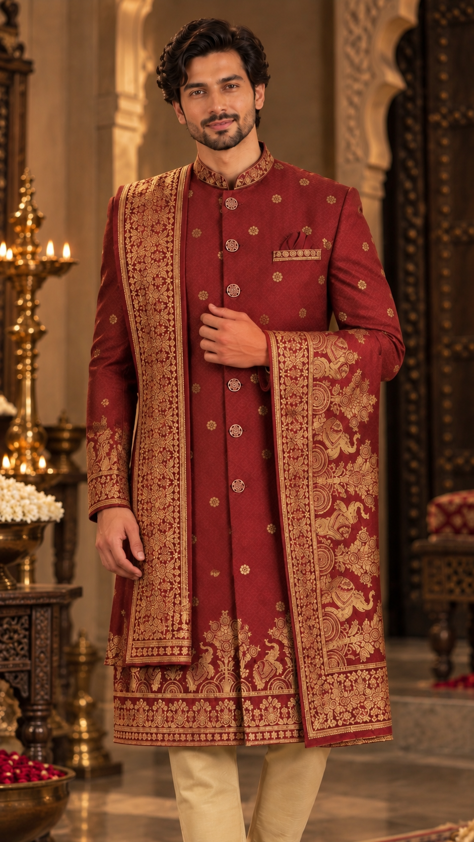 Maroon Embroidered Sherwani Set with Stole and Churidar